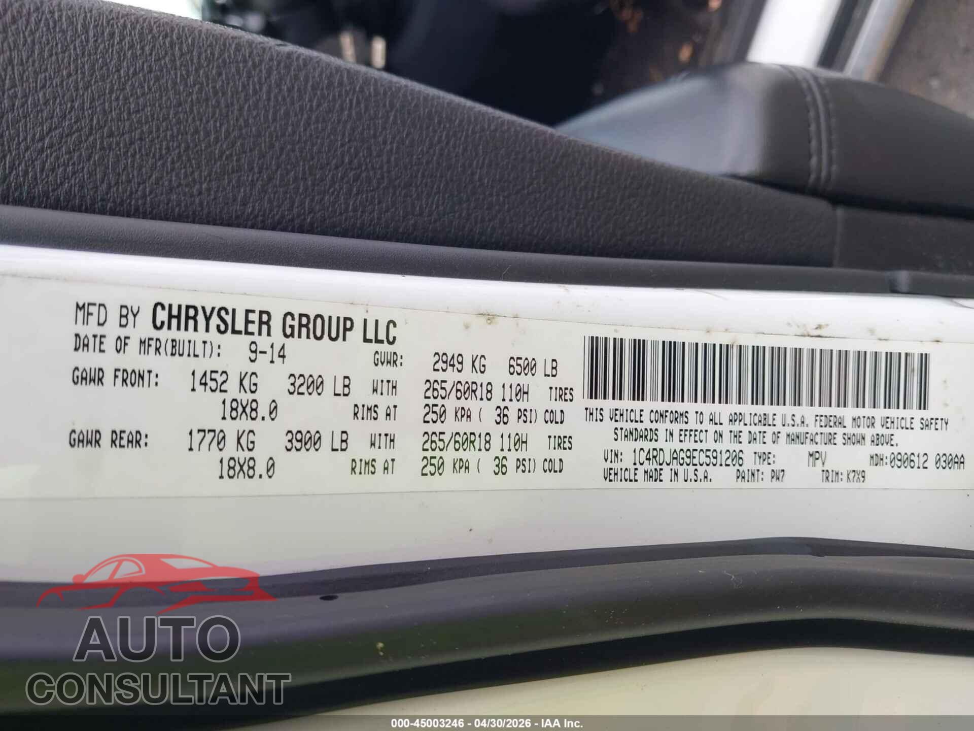 DODGE DURANGO 2014 - 1C4RDJAG9EC591206