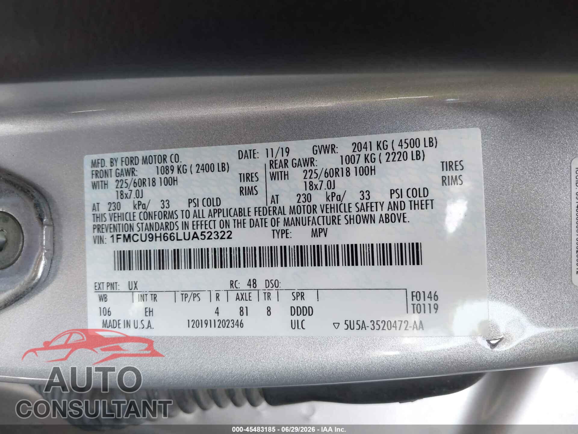 FORD ESCAPE 2020 - 1FMCU9H66LUA52322