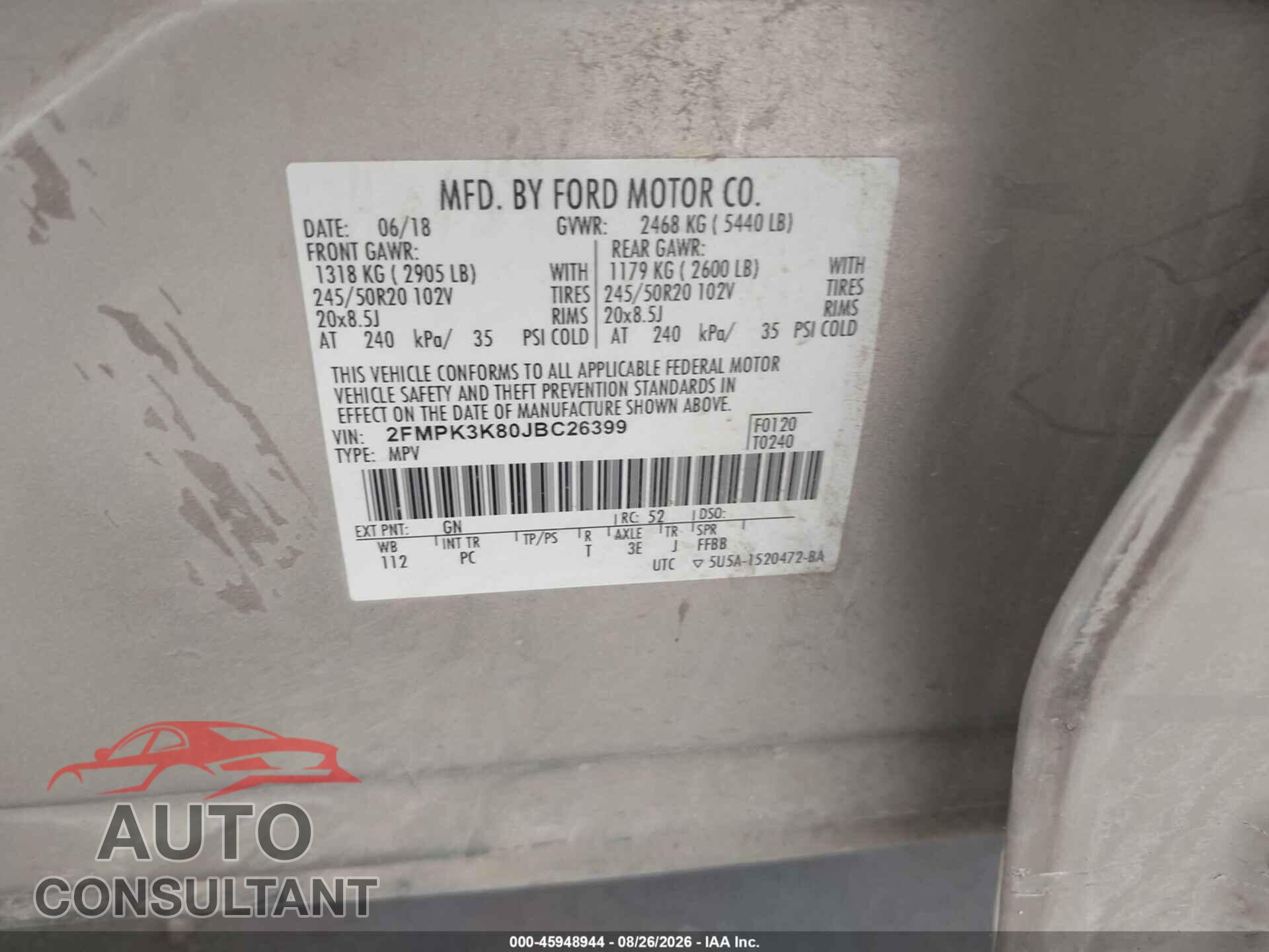 FORD EDGE 2018 - 2FMPK3K80JBC26399