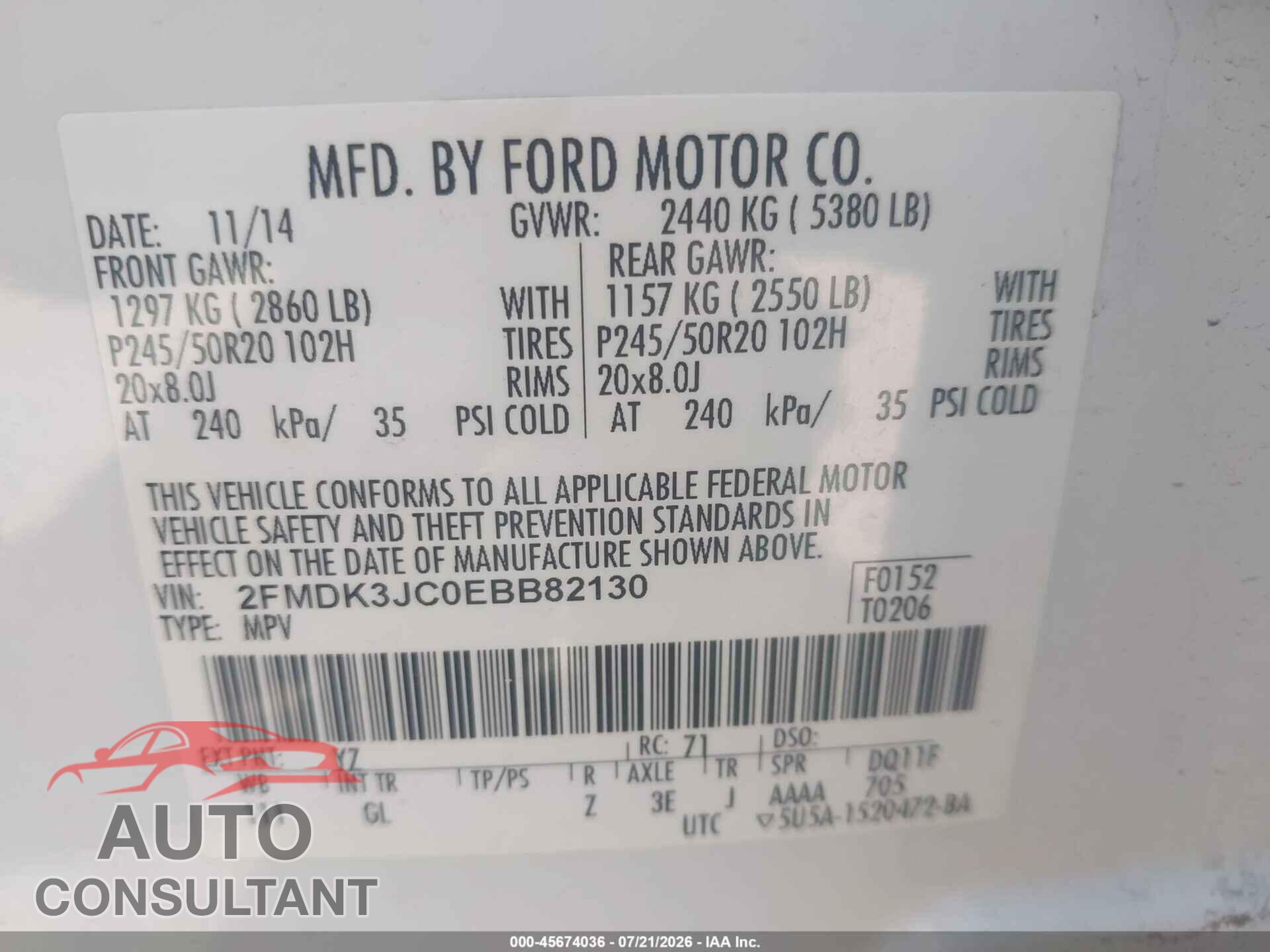 FORD EDGE 2014 - 2FMDK3JC0EBB82130