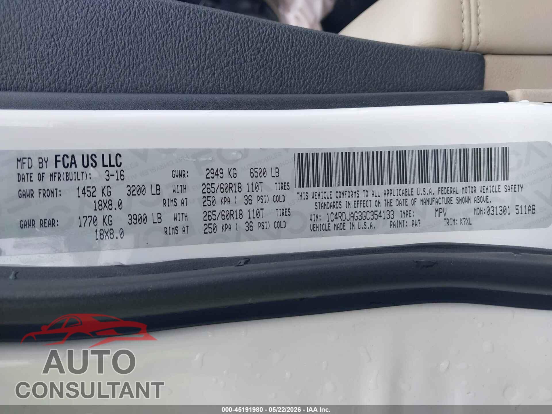 DODGE DURANGO 2016 - 1C4RDJAG3GC354133