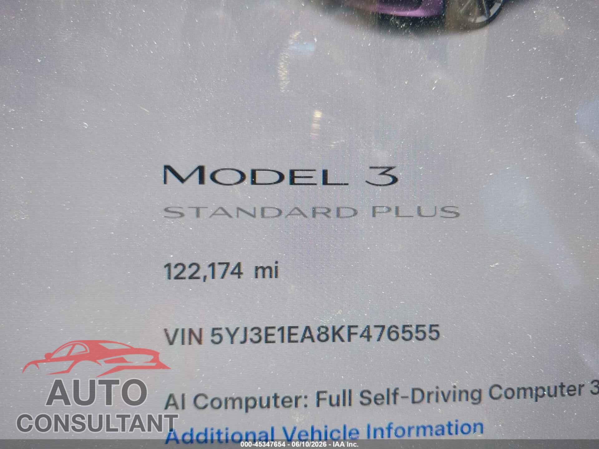 TESLA MODEL 3 2019 - 5YJ3E1EA8KF476555