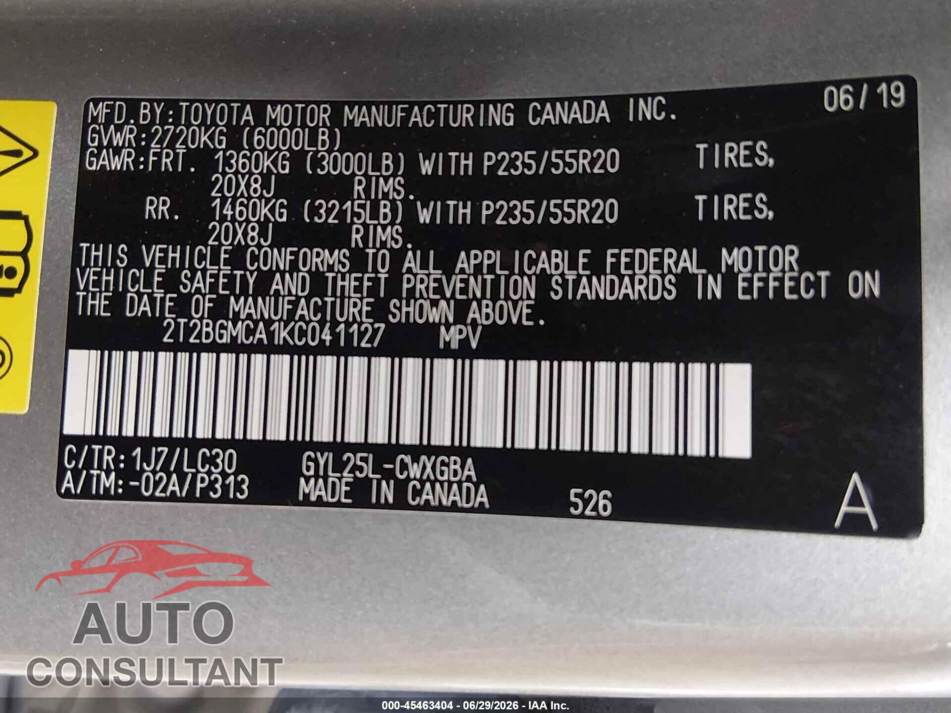 LEXUS RX 2019 - 2T2BGMCA1KC041127