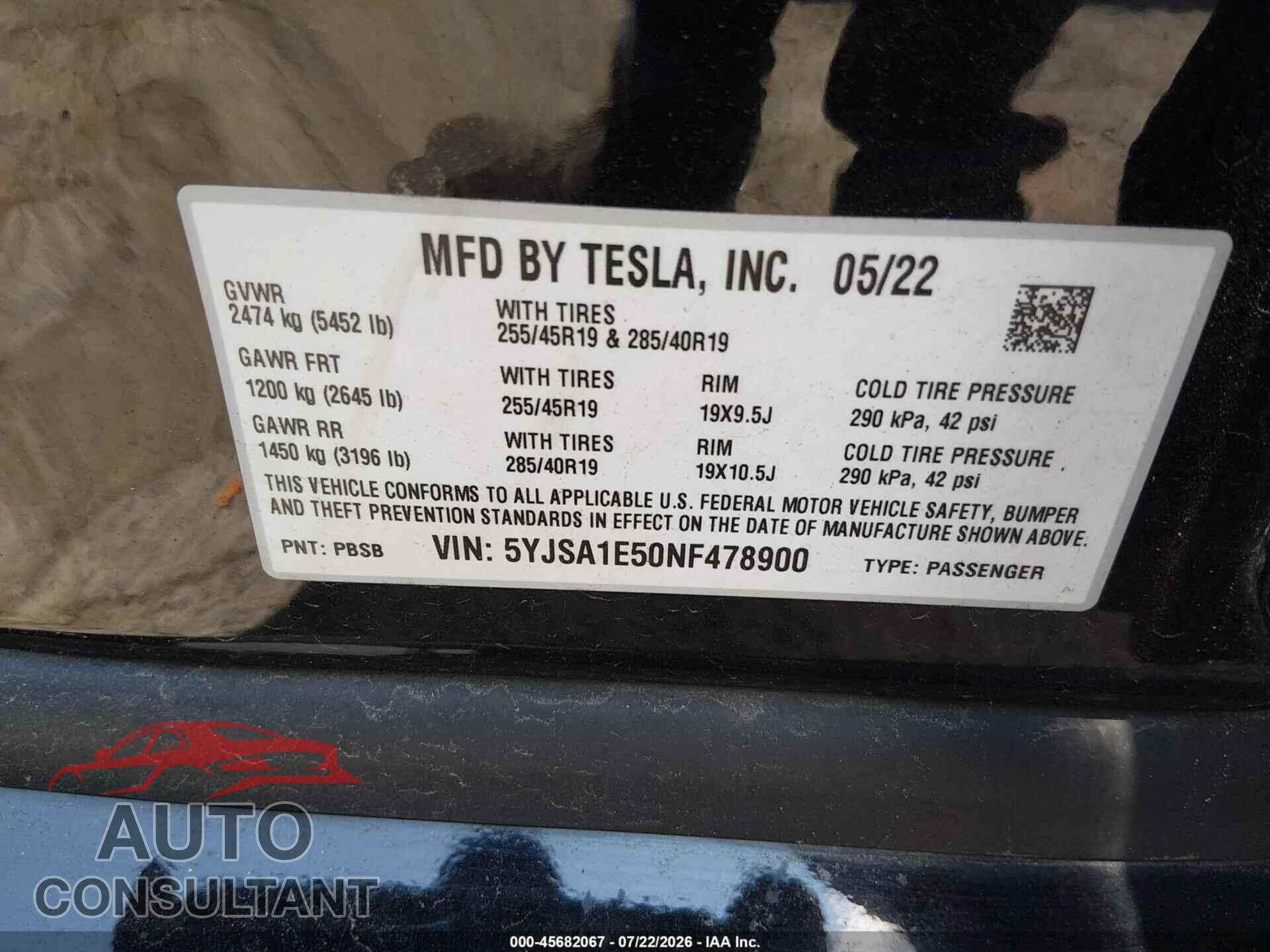 TESLA MODEL S 2022 - 5YJSA1E50NF478900