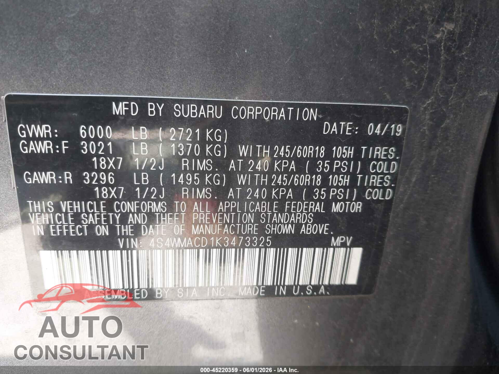 SUBARU ASCENT 2019 - 4S4WMACD1K3473325