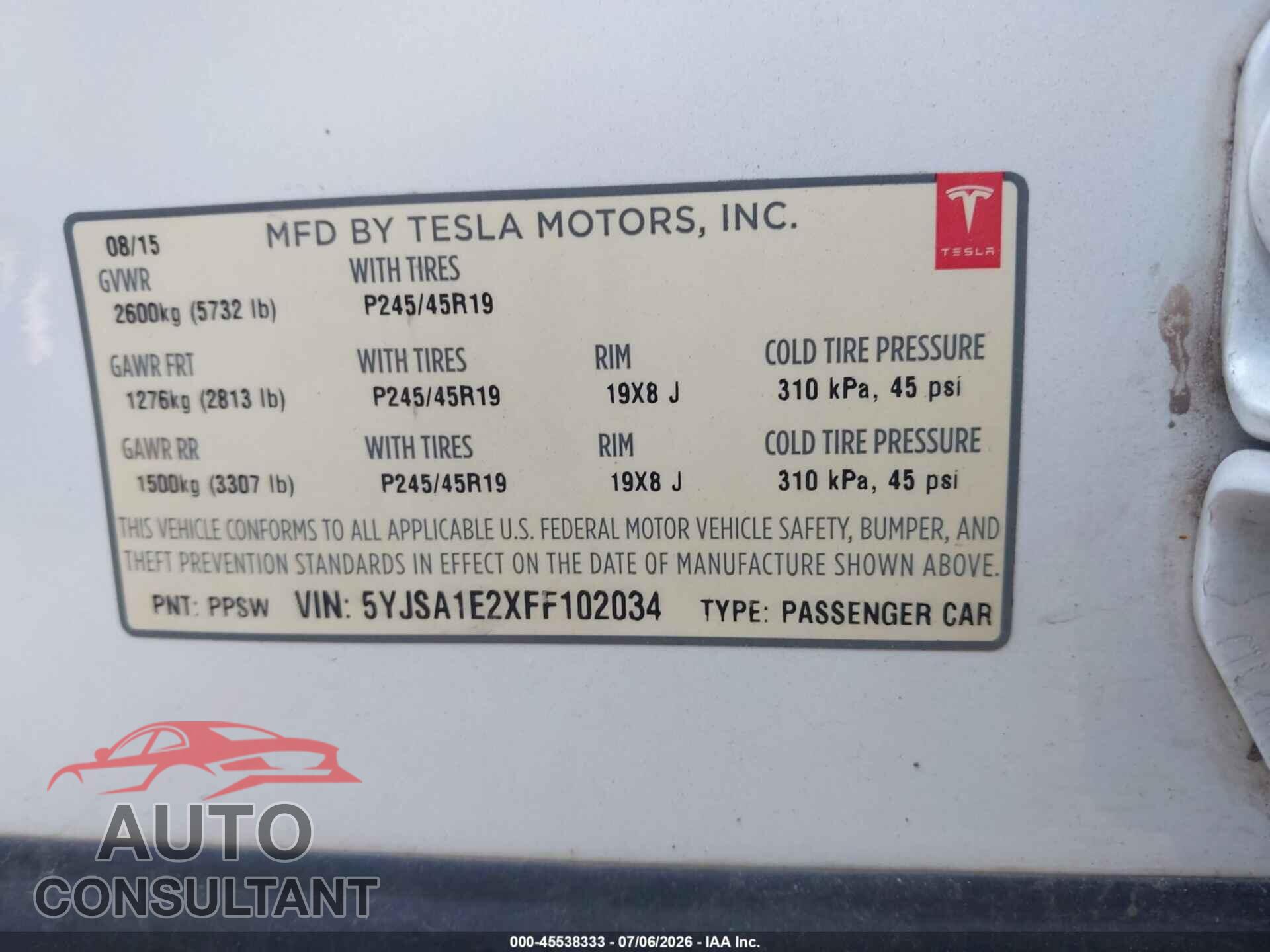 TESLA MODEL S 2015 - 5YJSA1E2XFF102034