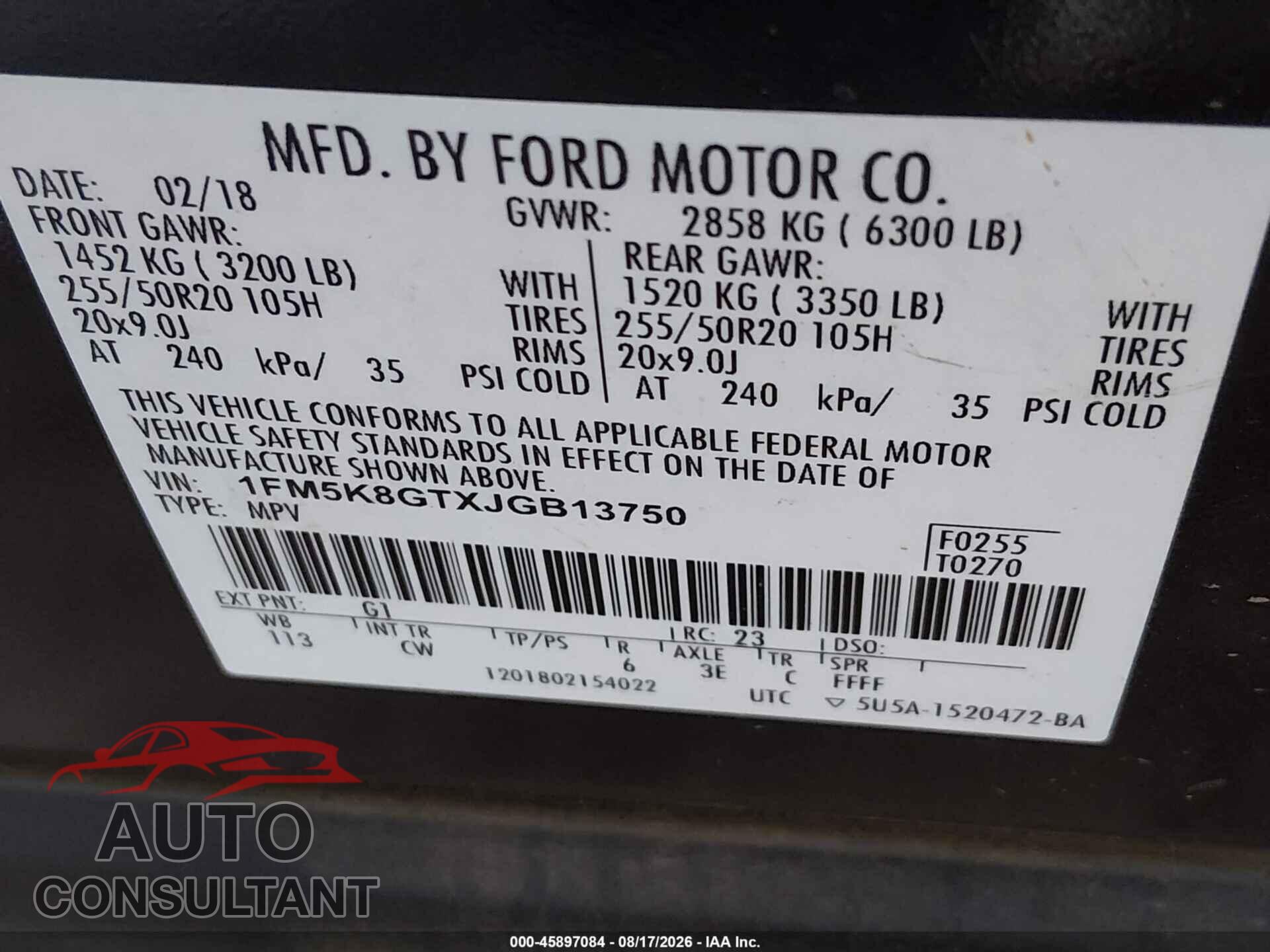 FORD EXPLORER 2018 - 1FM5K8GTXJGB13750