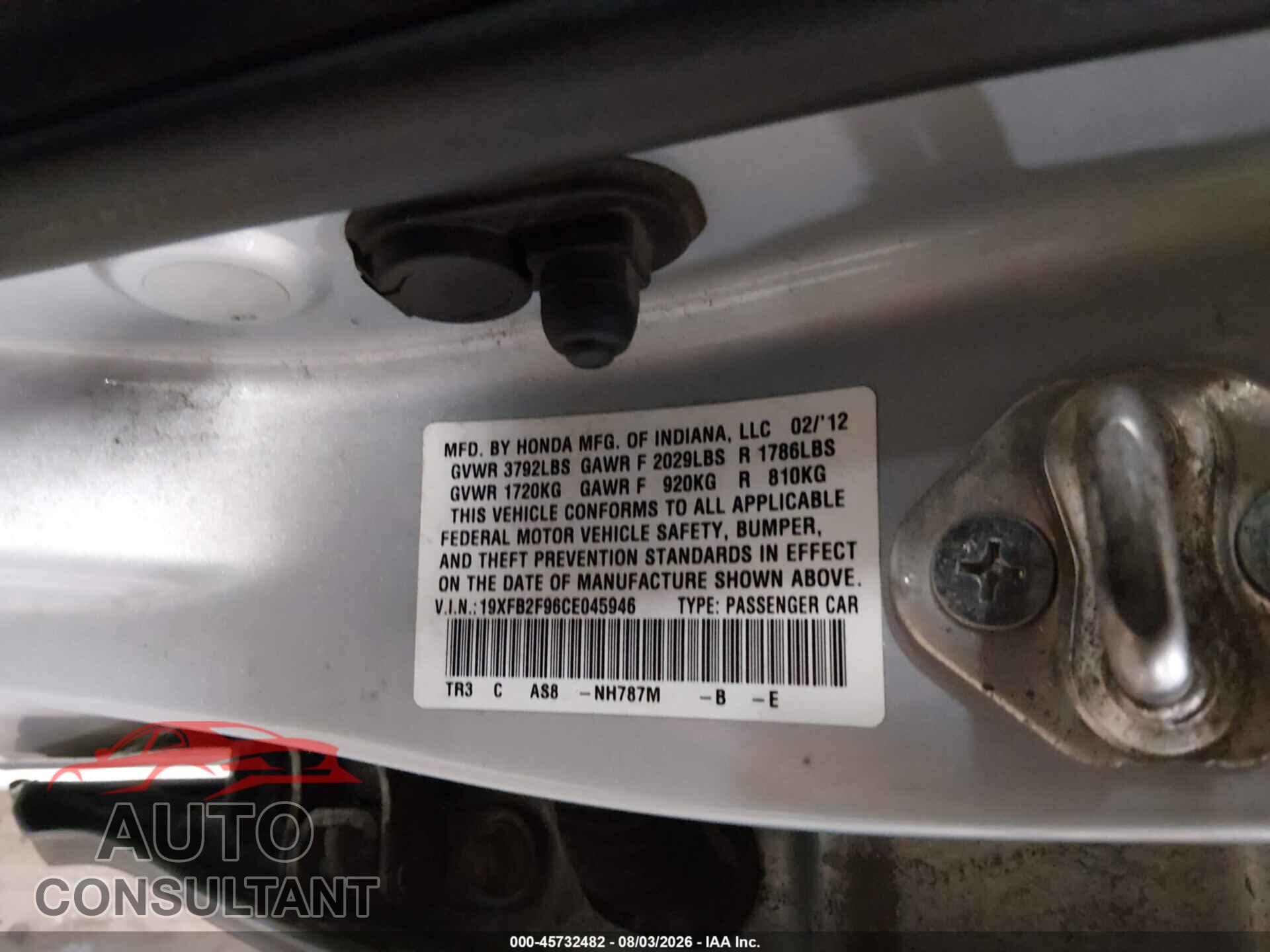 HONDA CIVIC 2012 - 19XFB2F96CE045946