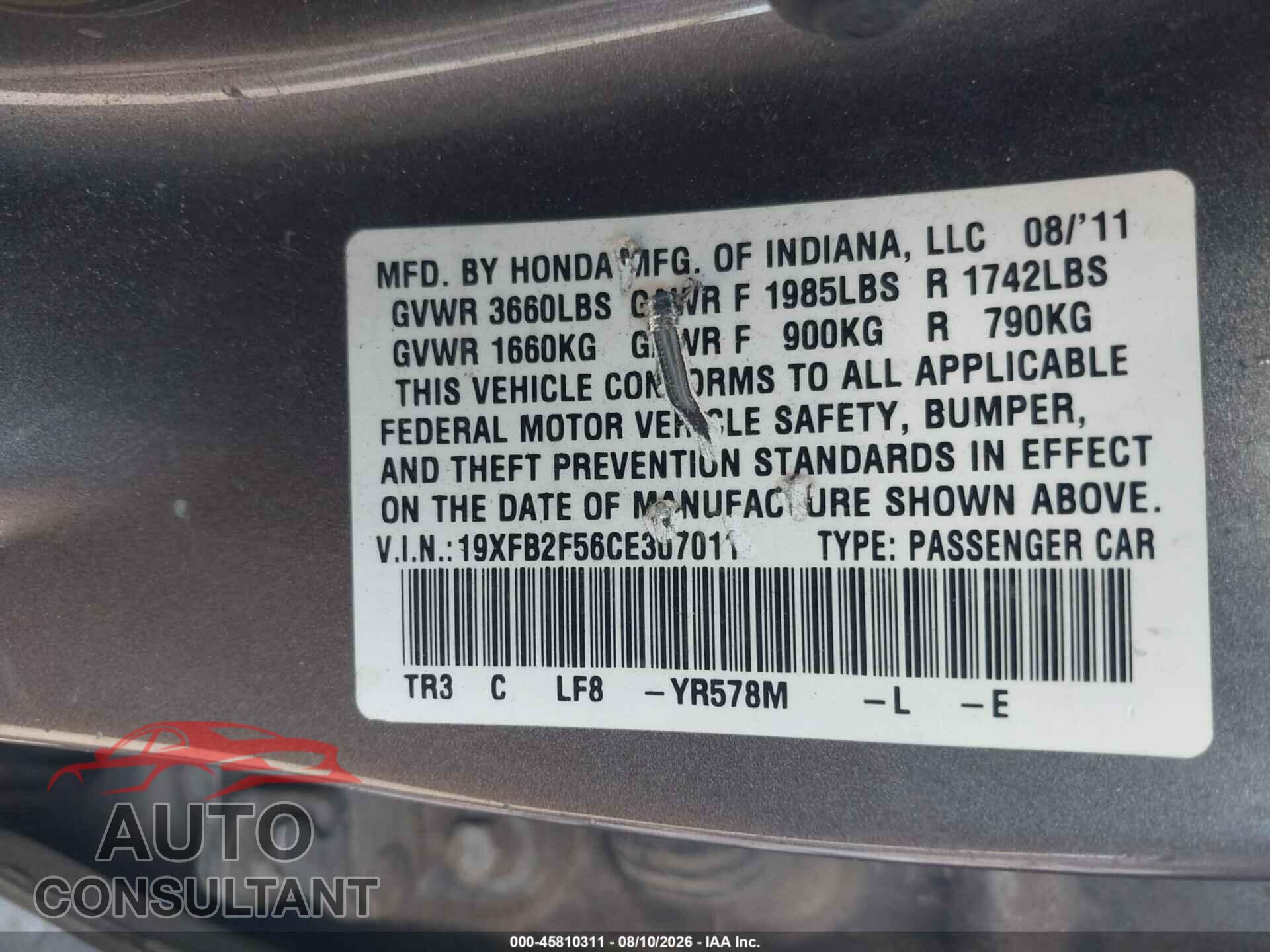 HONDA CIVIC 2012 - 19XFB2F56CE307011