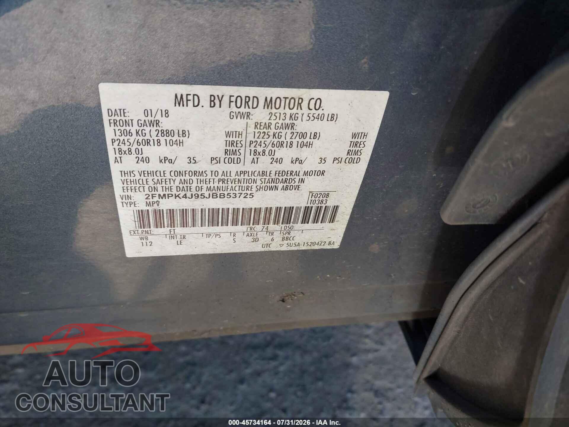 FORD EDGE 2018 - 2FMPK4J95JBB53725