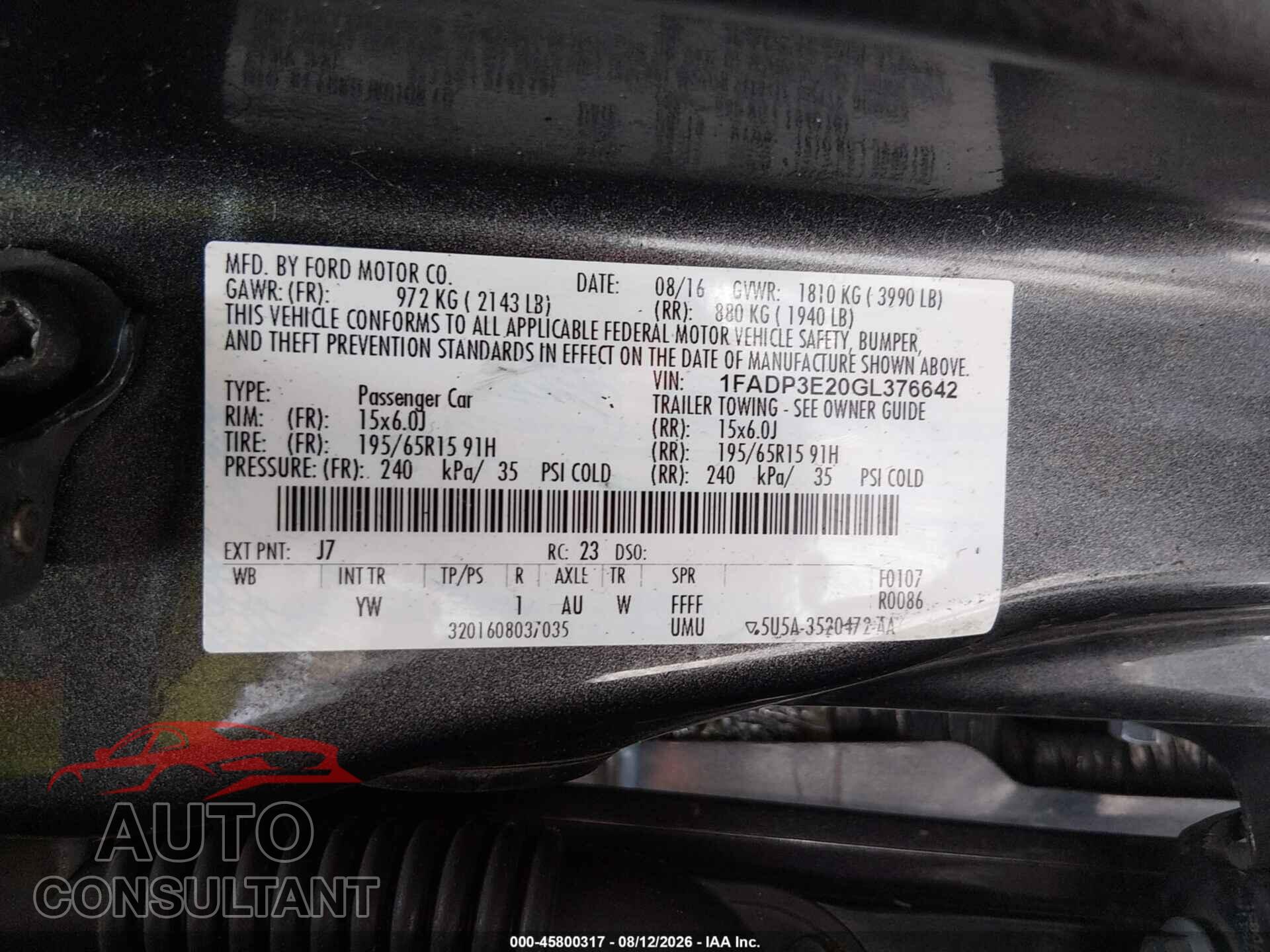 FORD FOCUS 2016 - 1FADP3E20GL376642