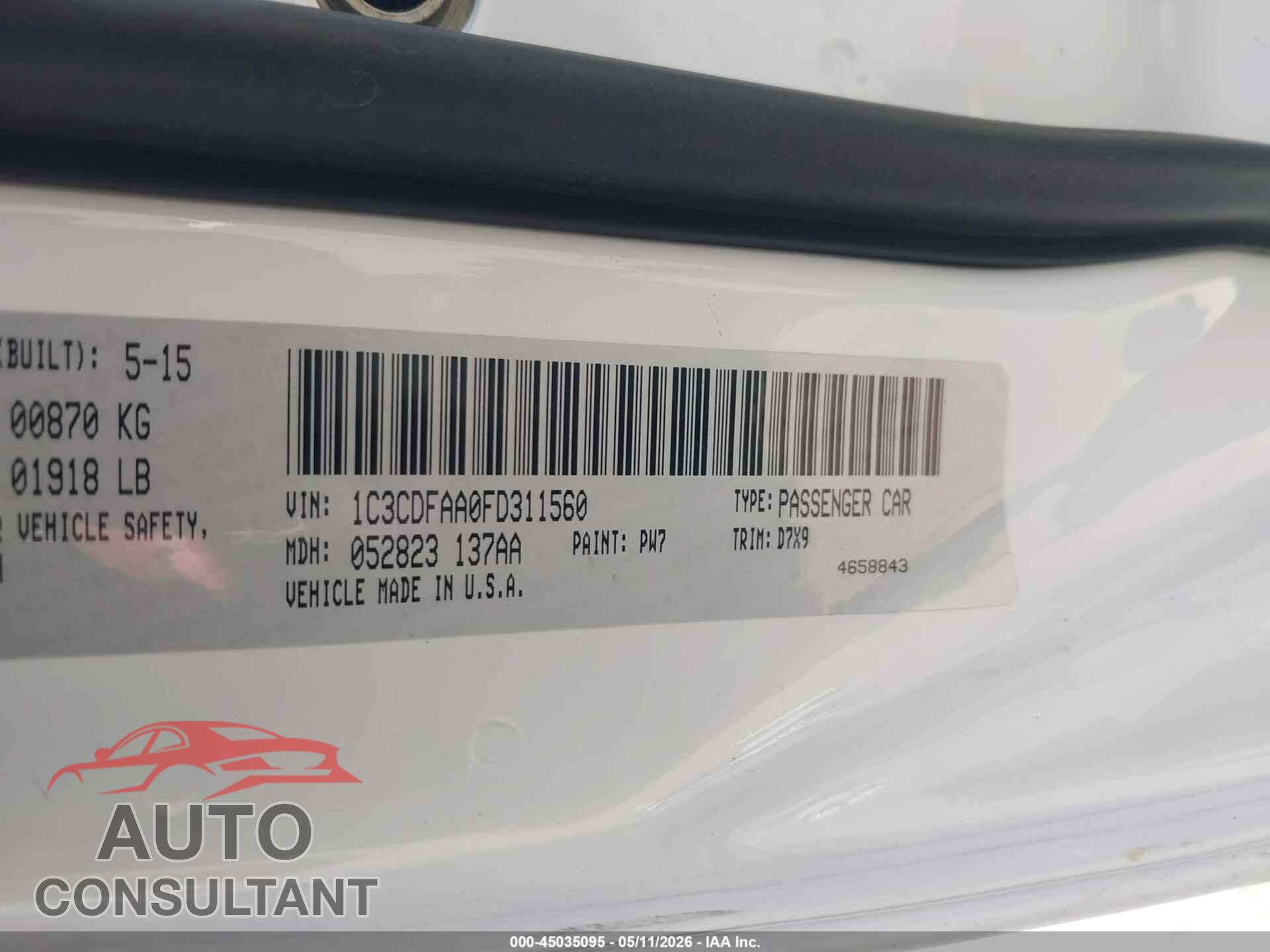 DODGE DART 2015 - 1C3CDFAA0FD311560