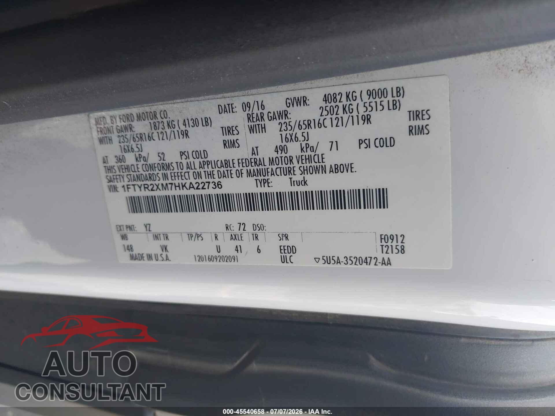 FORD TRANSIT-250 2017 - 1FTYR2XM7HKA22736