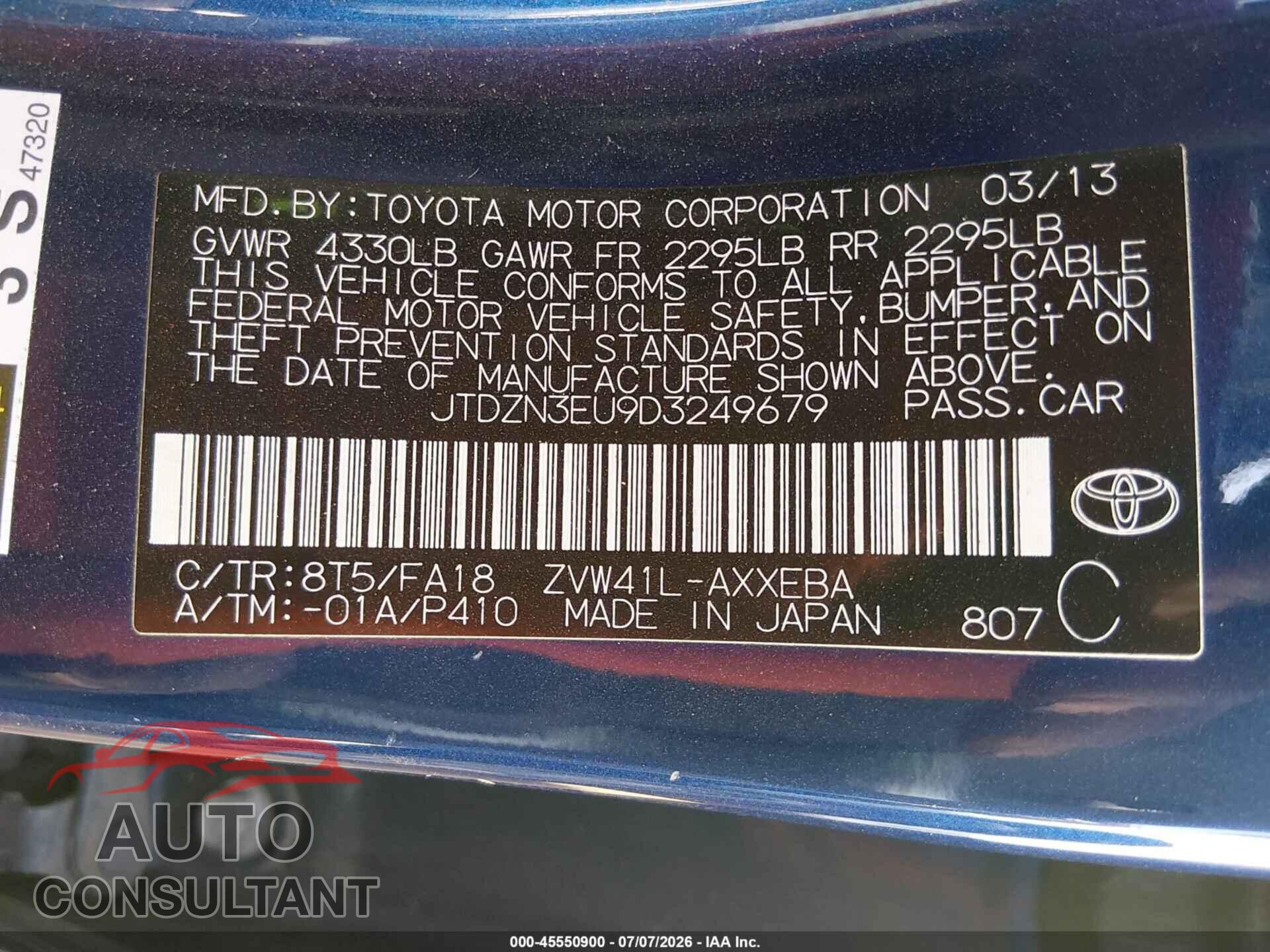 TOYOTA PRIUS V 2013 - JTDZN3EU9D3249679