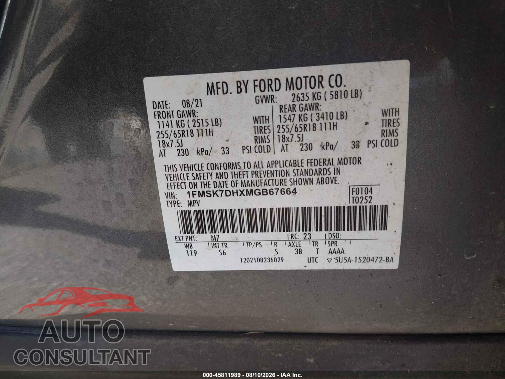 FORD EXPLORER 2021 - 1FMSK7DHXMGB67664