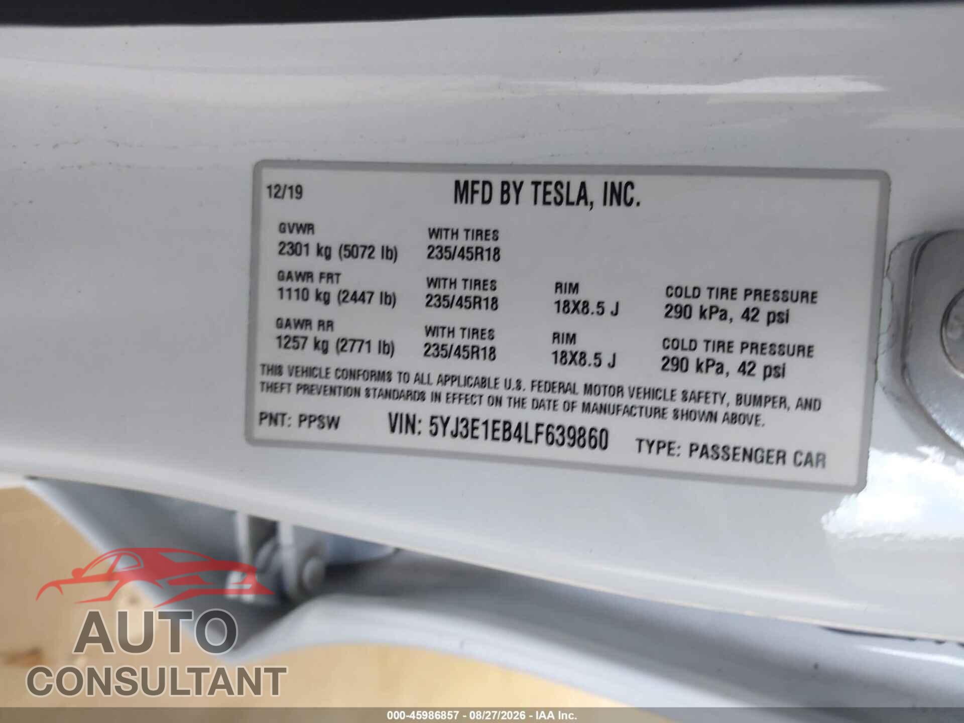 TESLA MODEL 3 2020 - 5YJ3E1EB4LF639860