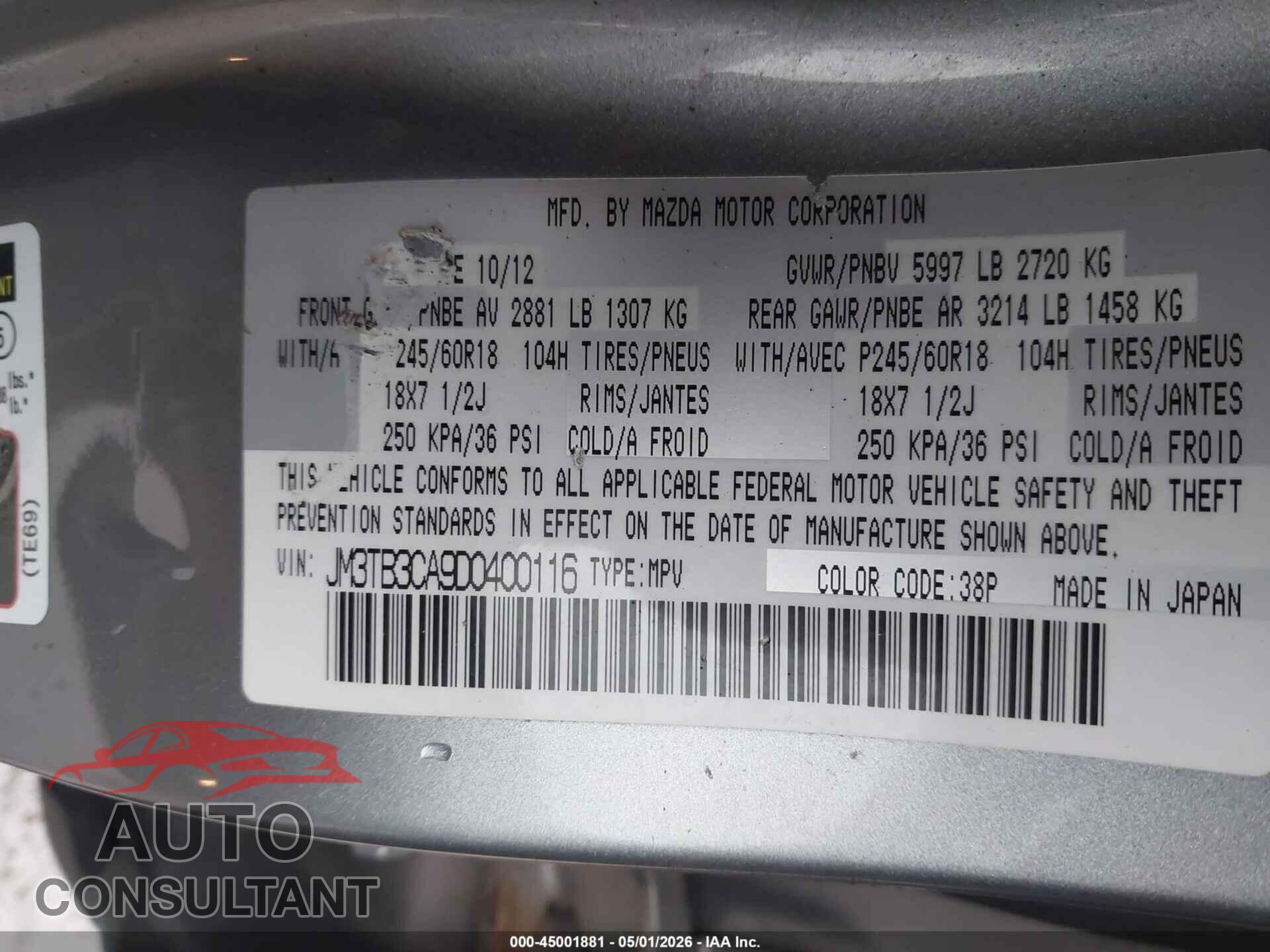MAZDA CX-9 2013 - JM3TB3CA9D0400116