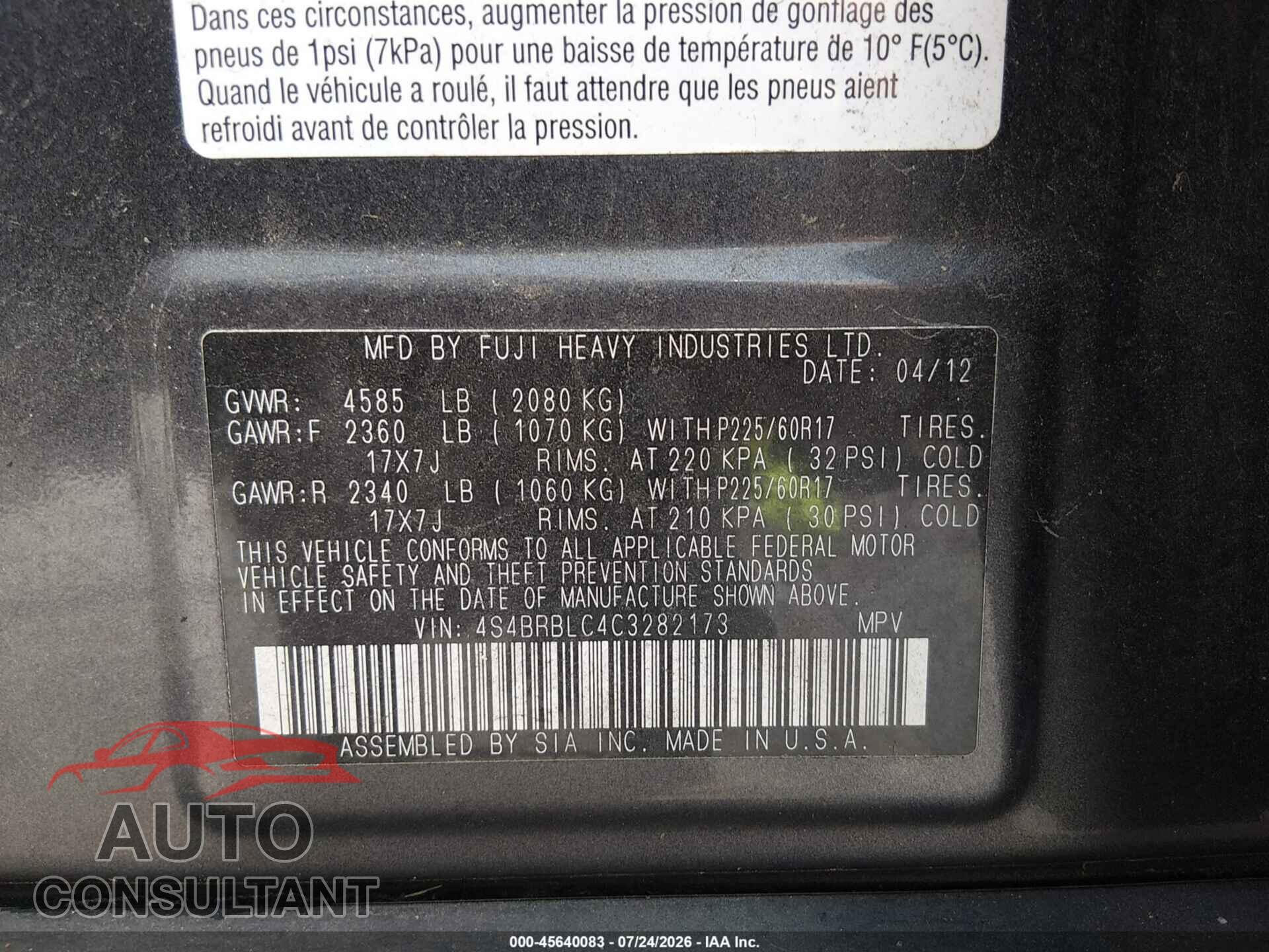 SUBARU OUTBACK 2012 - 4S4BRBLC4C3282173