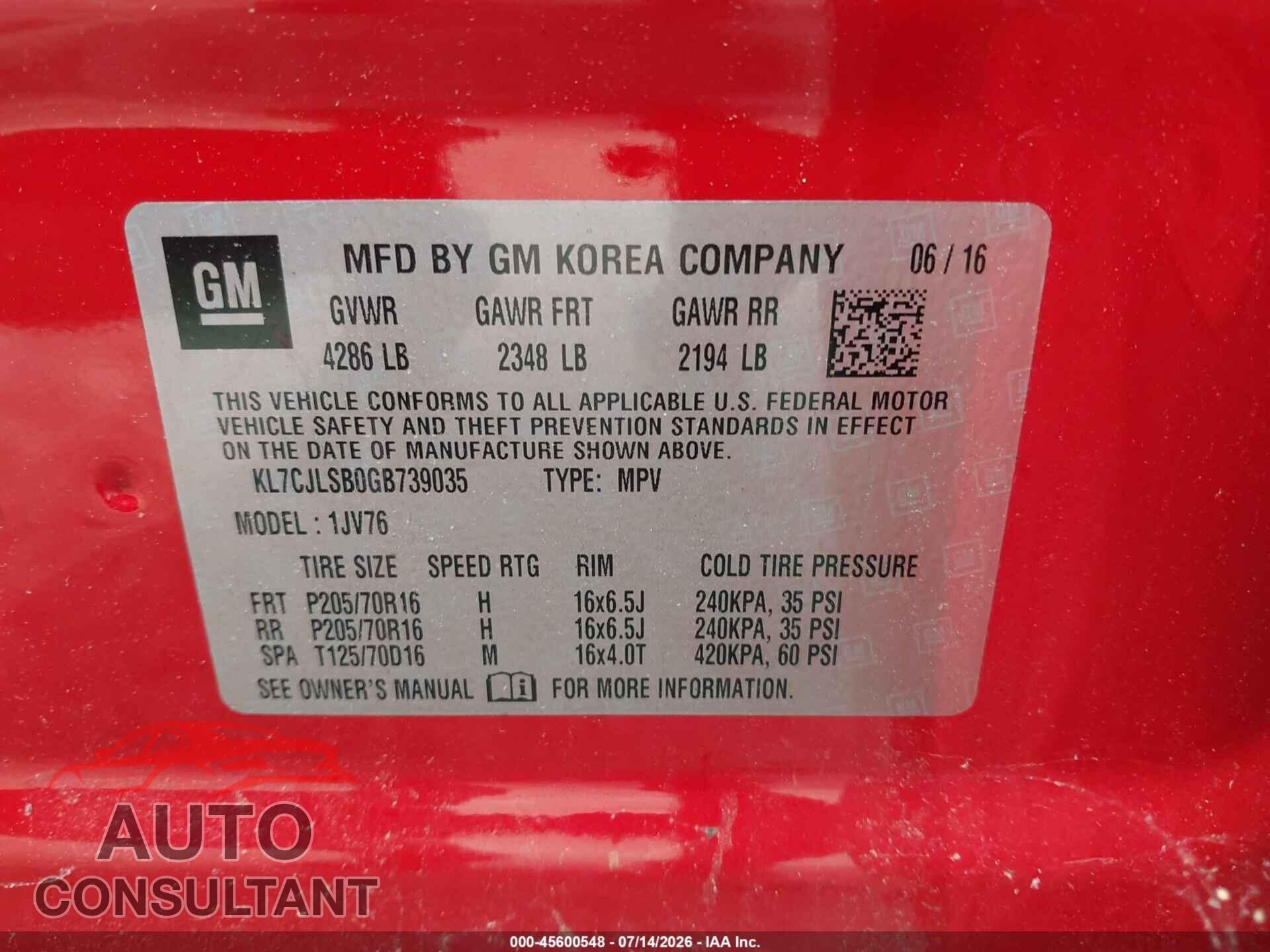CHEVROLET TRAX 2016 - KL7CJLSB0GB739035