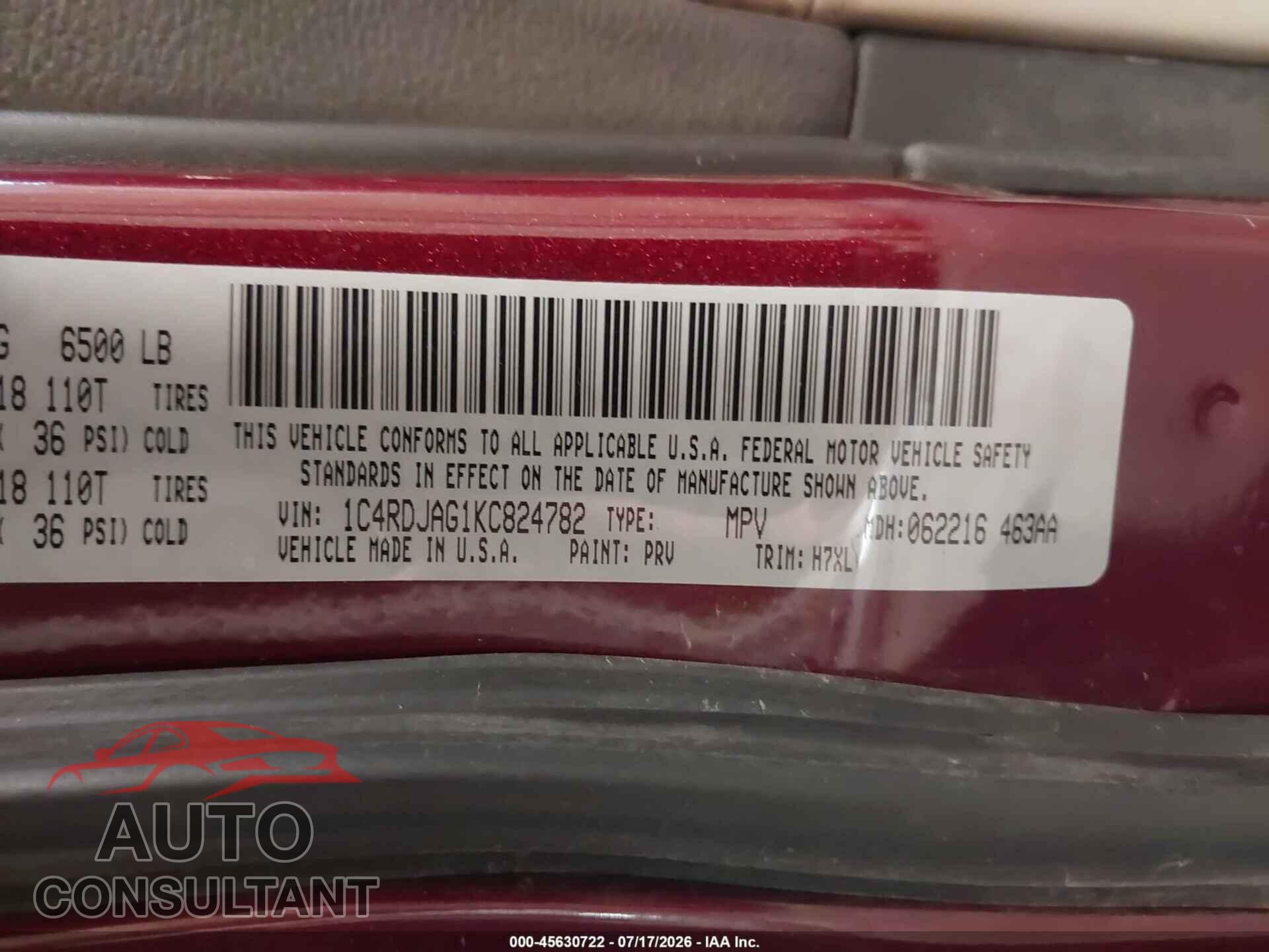 DODGE DURANGO 2019 - 1C4RDJAG1KC824782