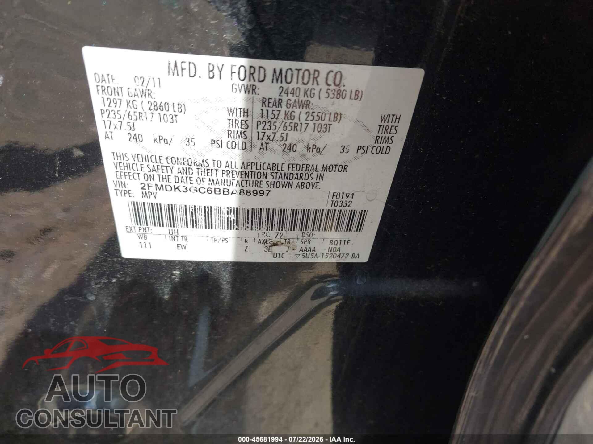 FORD EDGE 2011 - 2FMDK3GC6BBA88997