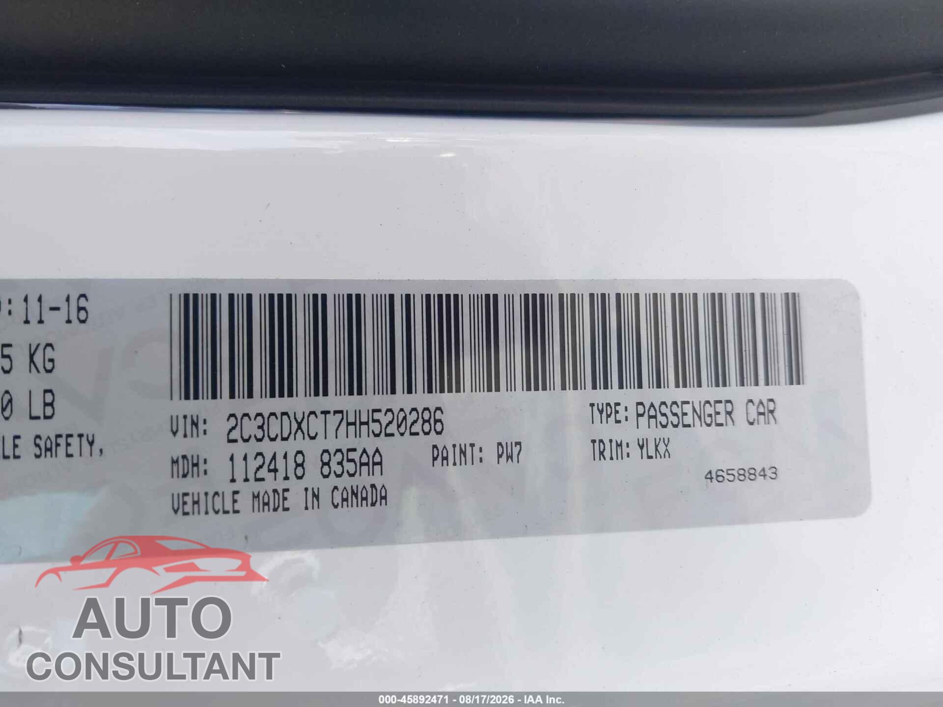 DODGE CHARGER 2017 - 2C3CDXCT7HH520286
