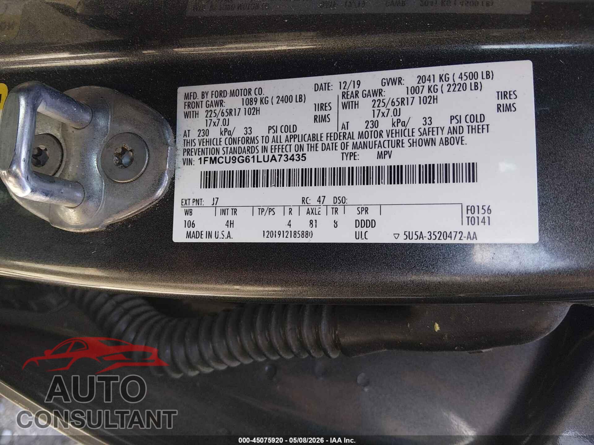 FORD ESCAPE 2020 - 1FMCU9G61LUA73435