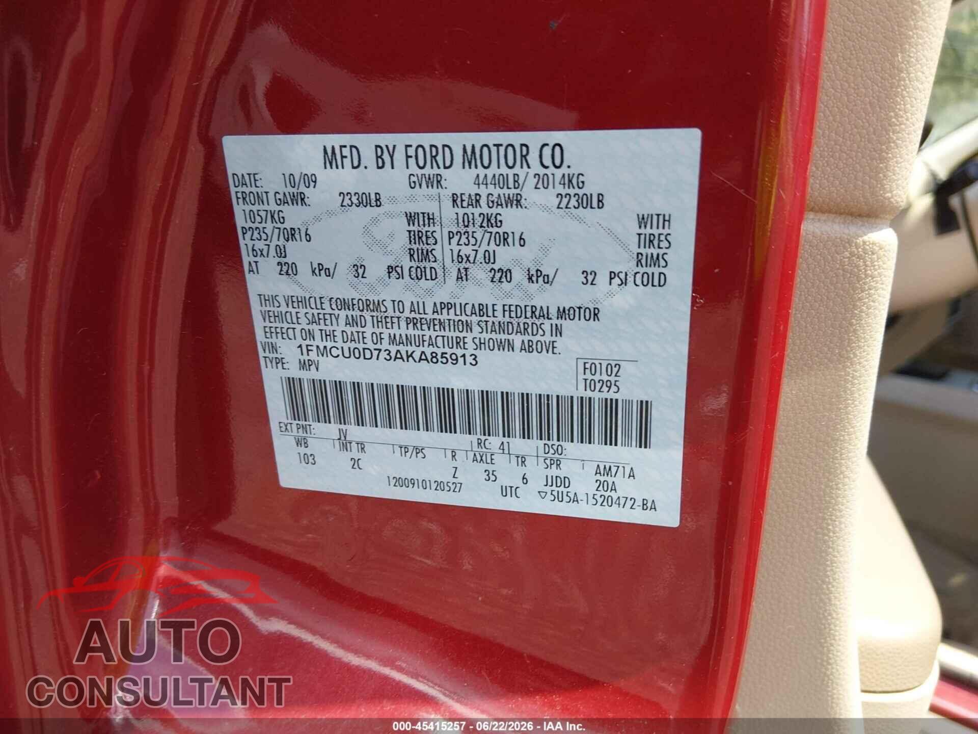 FORD ESCAPE 2010 - 1FMCU0D73AKA85913