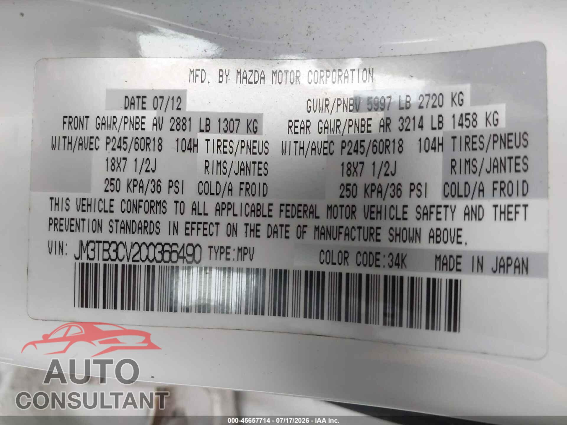 MAZDA CX-9 2012 - JM3TB3CV2C0366490