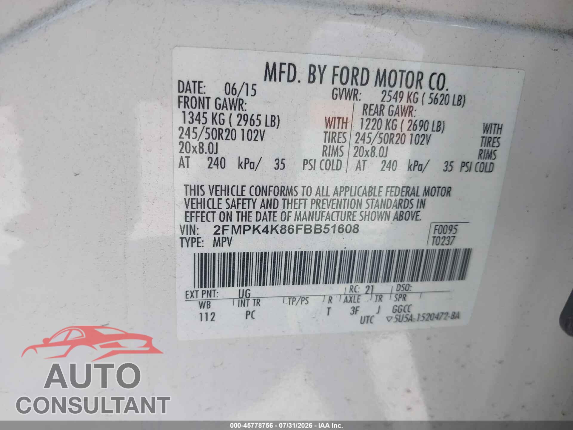 FORD EDGE 2015 - 2FMPK4K86FBB51608