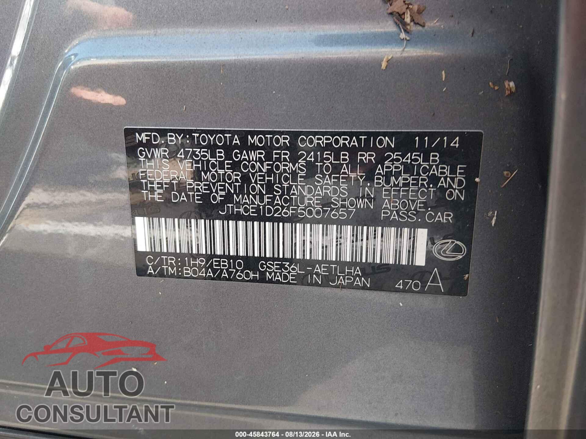 LEXUS IS 350 2015 - JTHCE1D26F5007657