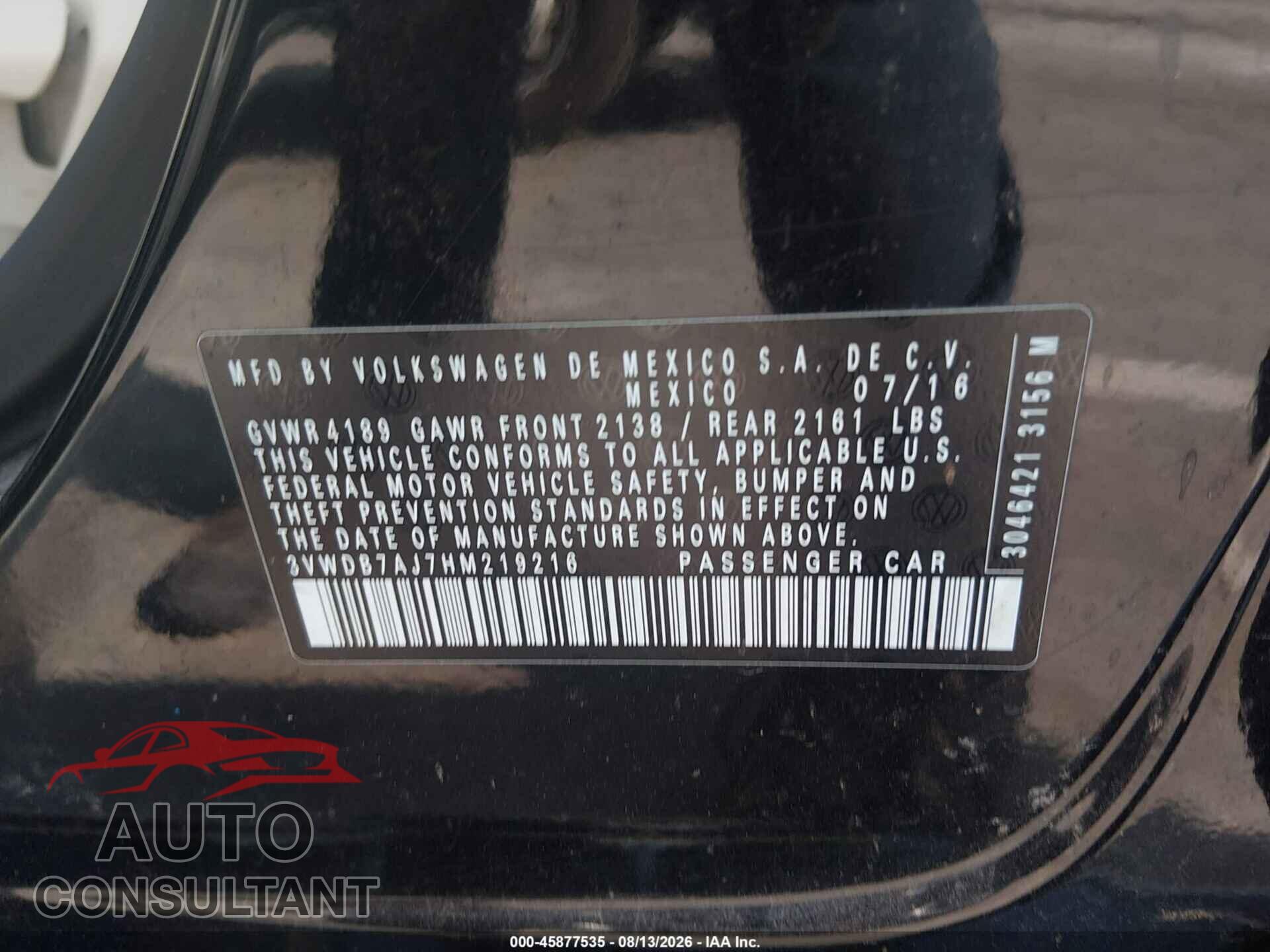 VOLKSWAGEN JETTA 2017 - 3VWDB7AJ7HM219216