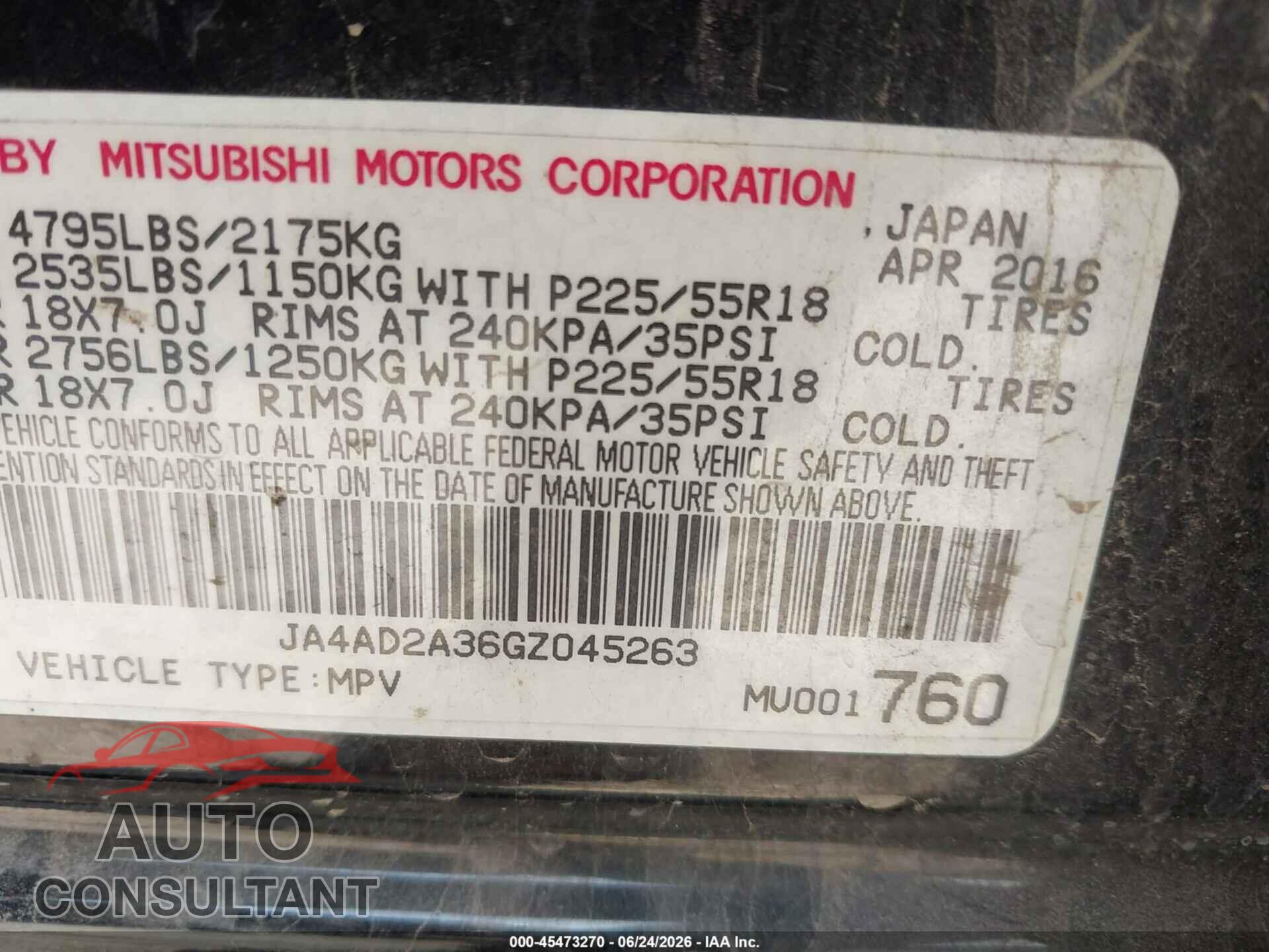 MITSUBISHI OUTLANDER 2016 - JA4AD2A36GZ045263