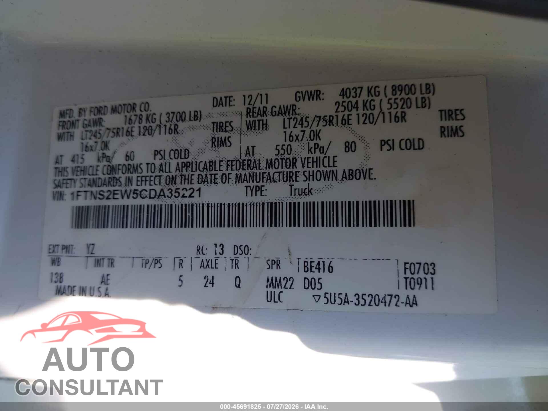 FORD E-250 2012 - 1FTNS2EW5CDA35221