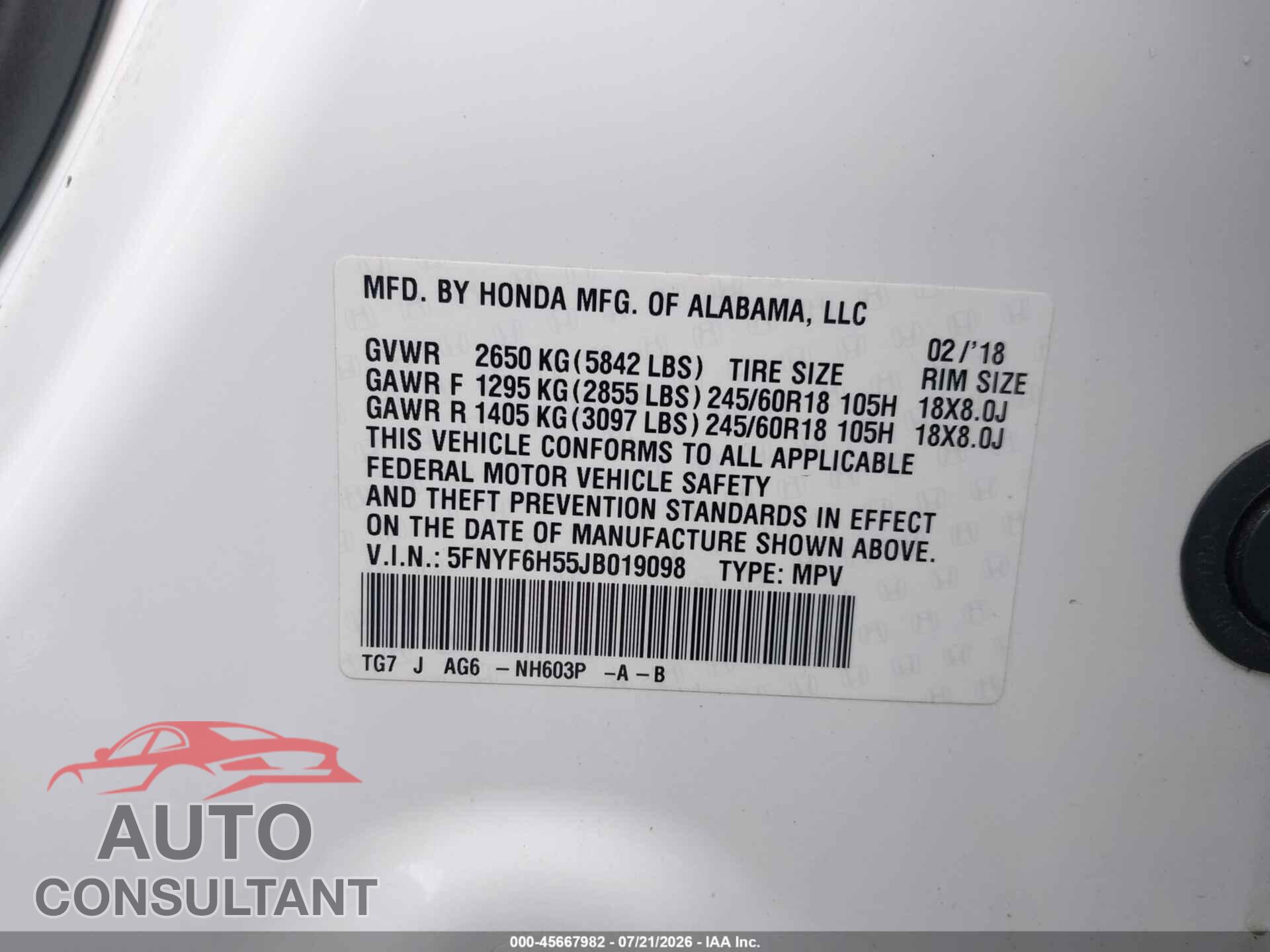 HONDA PILOT 2018 - 5FNYF6H55JB019098