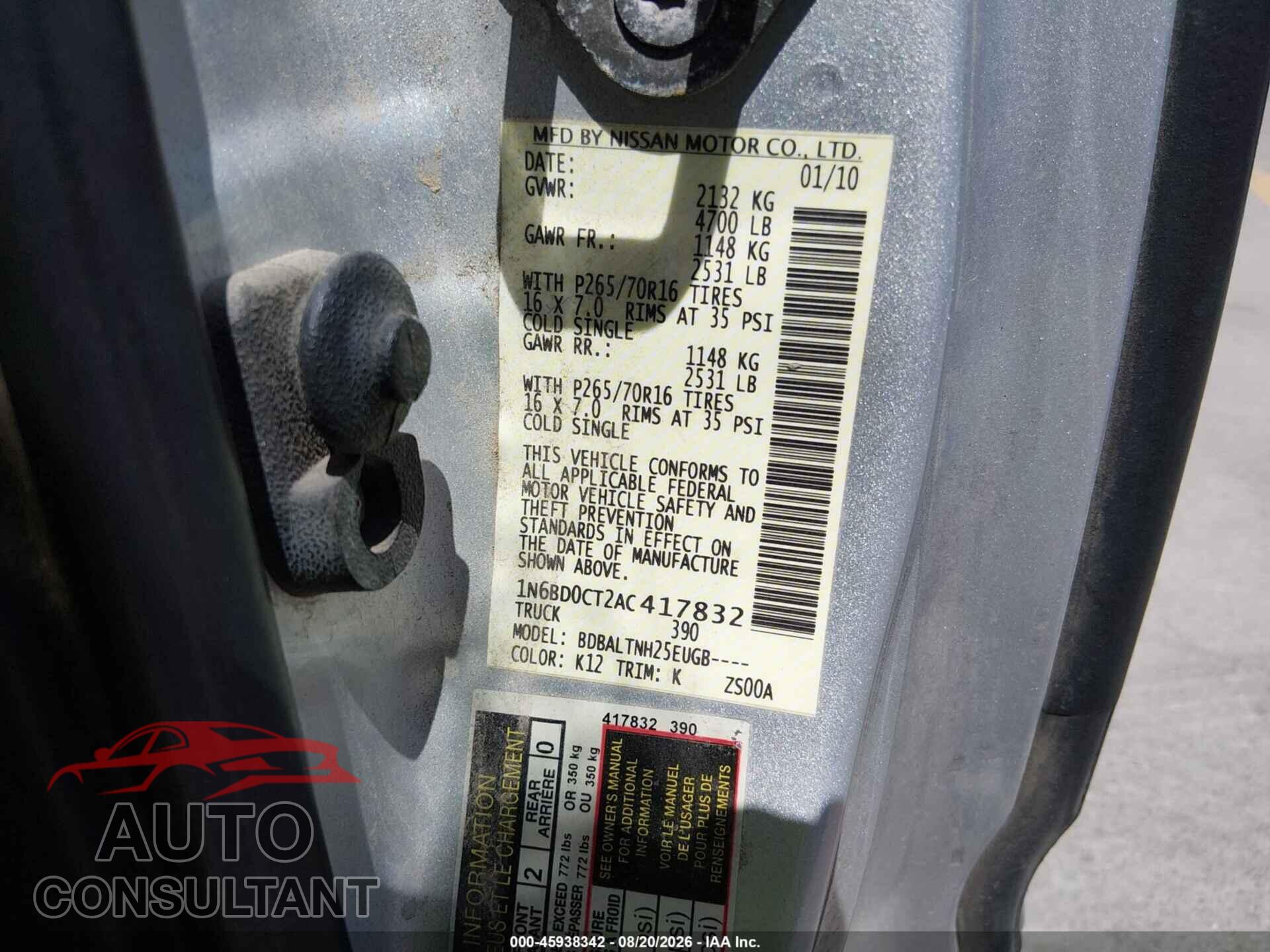 NISSAN FRONTIER 2010 - 1N6BD0CT2AC417832