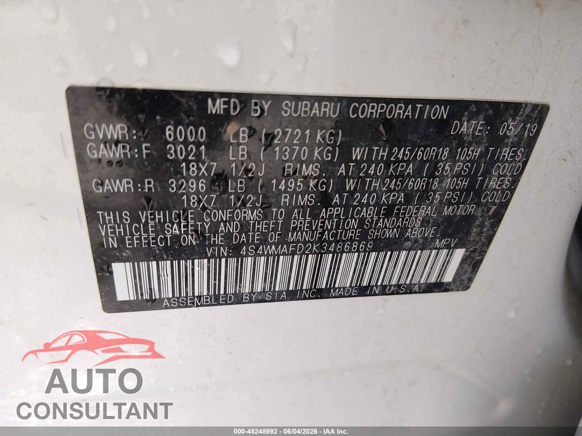 SUBARU ASCENT 2019 - 4S4WMAFD2K3486869