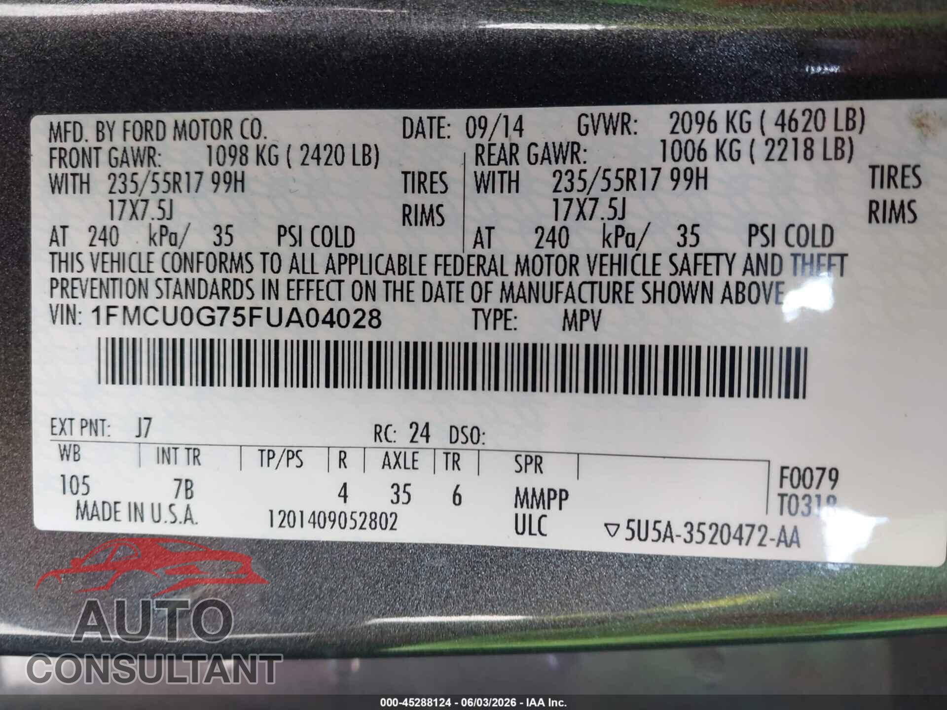 FORD ESCAPE 2015 - 1FMCU0G75FUA04028