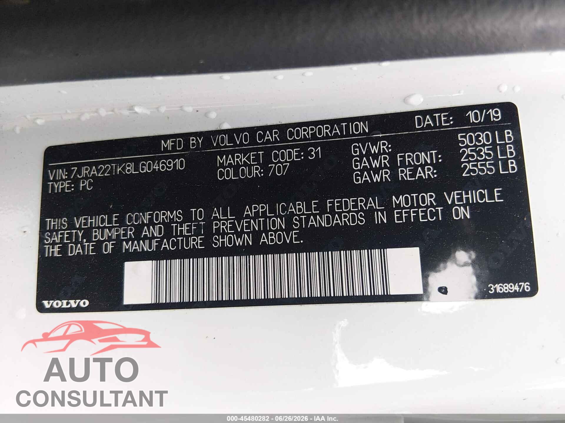 VOLVO S60 2020 - 7JRA22TK8LG046910