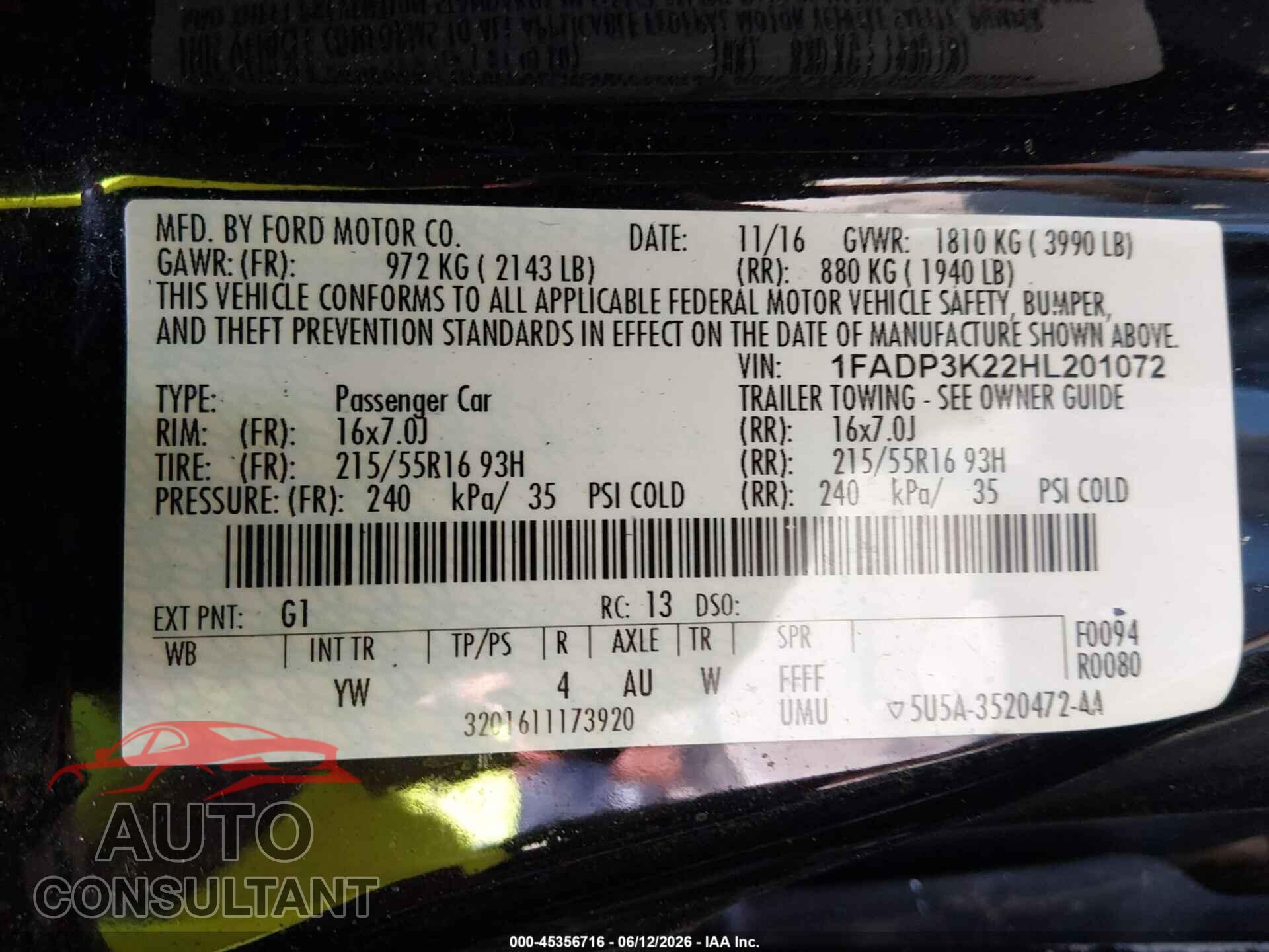FORD FOCUS 2017 - 1FADP3K22HL201072