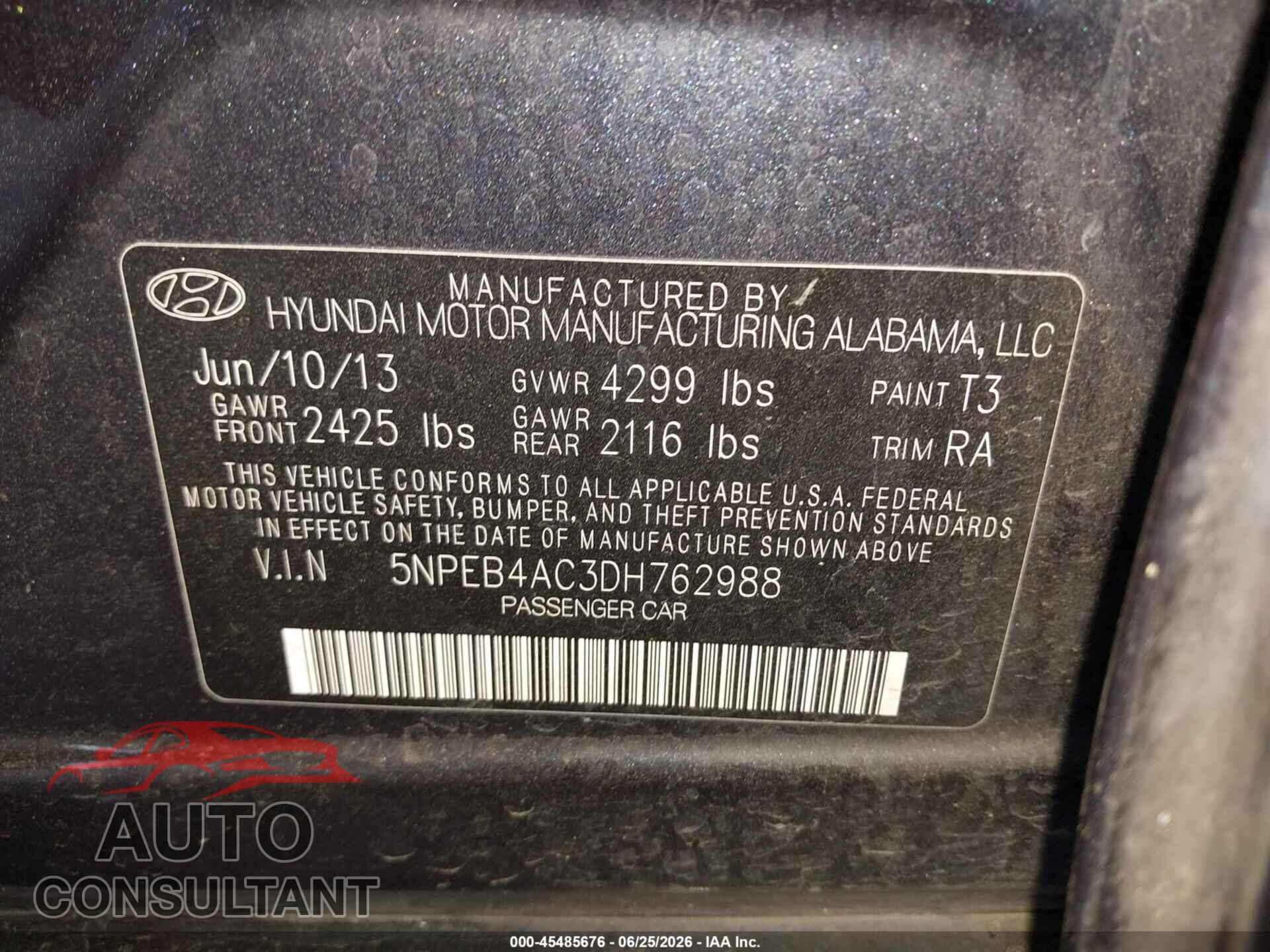 HYUNDAI SONATA 2013 - 5NPEB4AC3DH762988