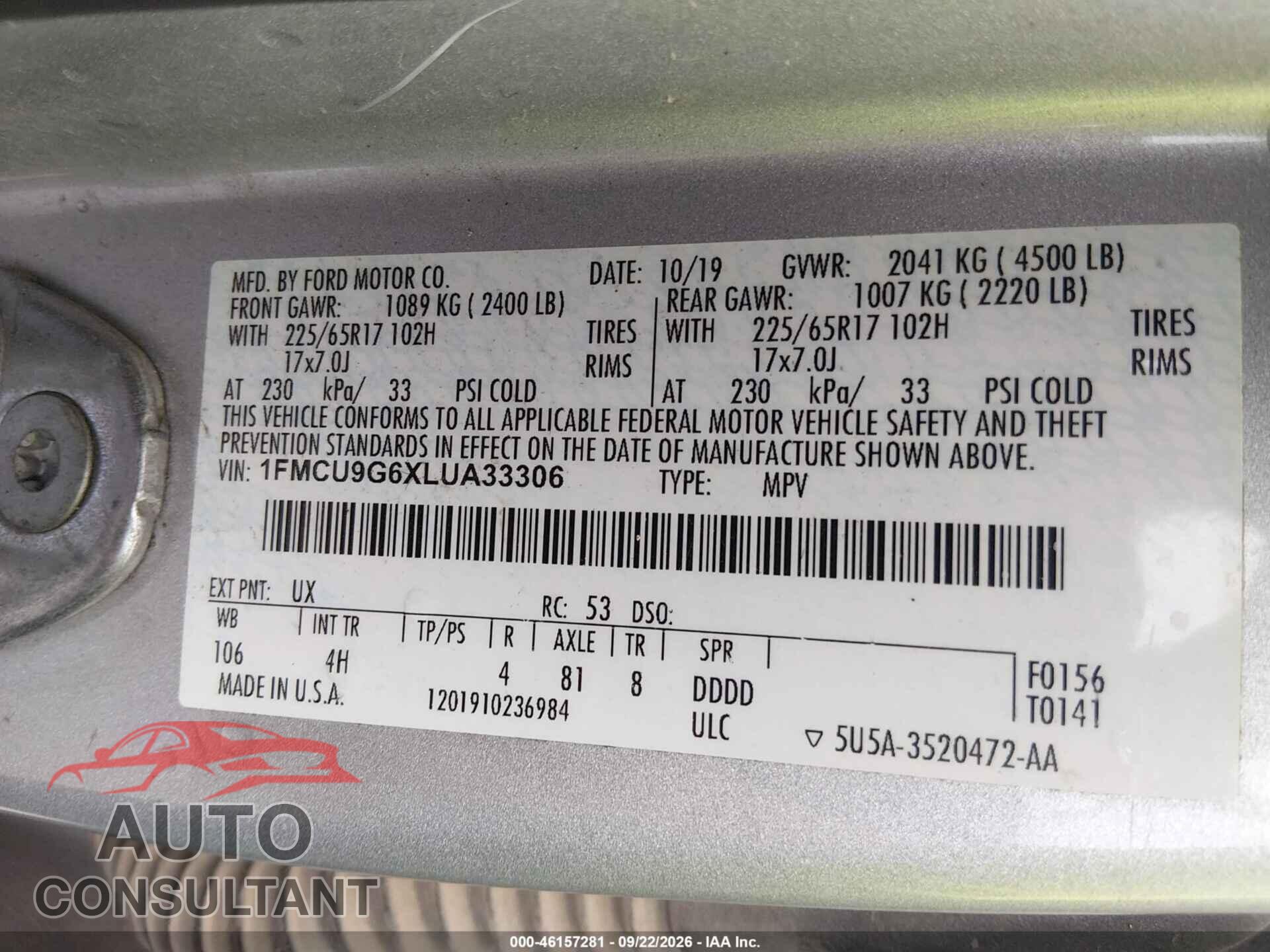 FORD ESCAPE 2020 - 1FMCU9G6XLUA33306