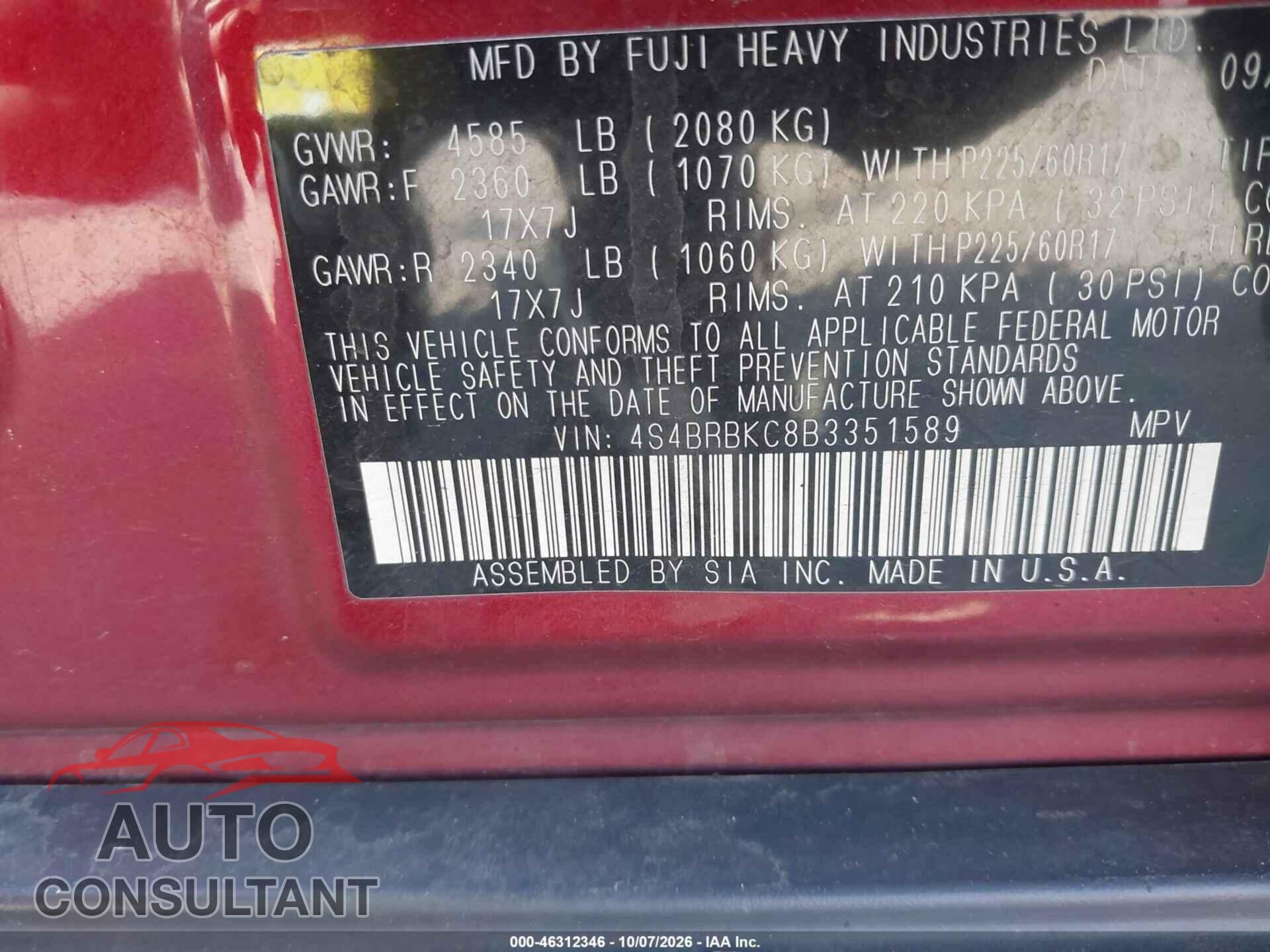 SUBARU OUTBACK 2011 - 4S4BRBKC8B3351589