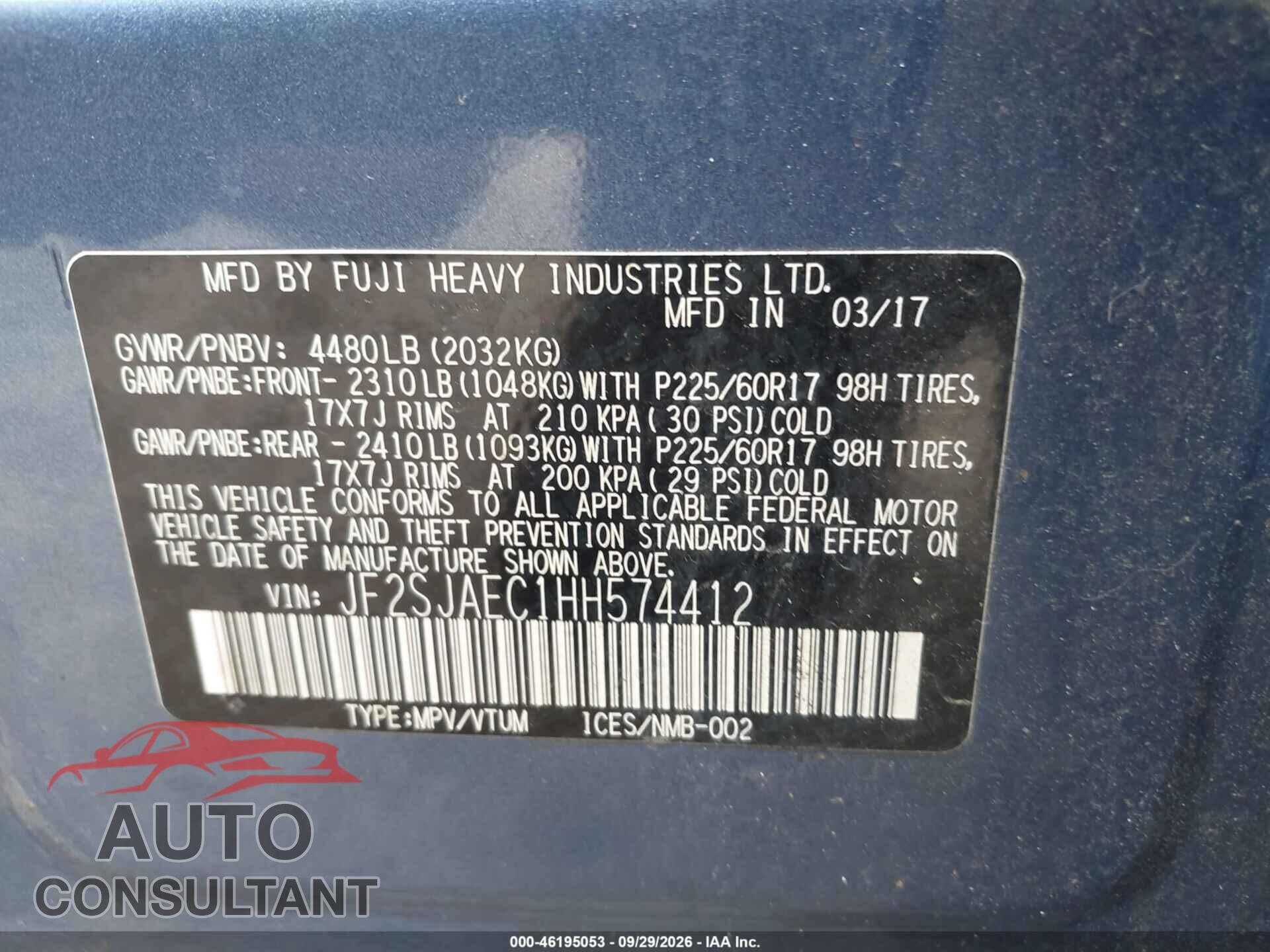 SUBARU FORESTER 2017 - JF2SJAEC1HH574412