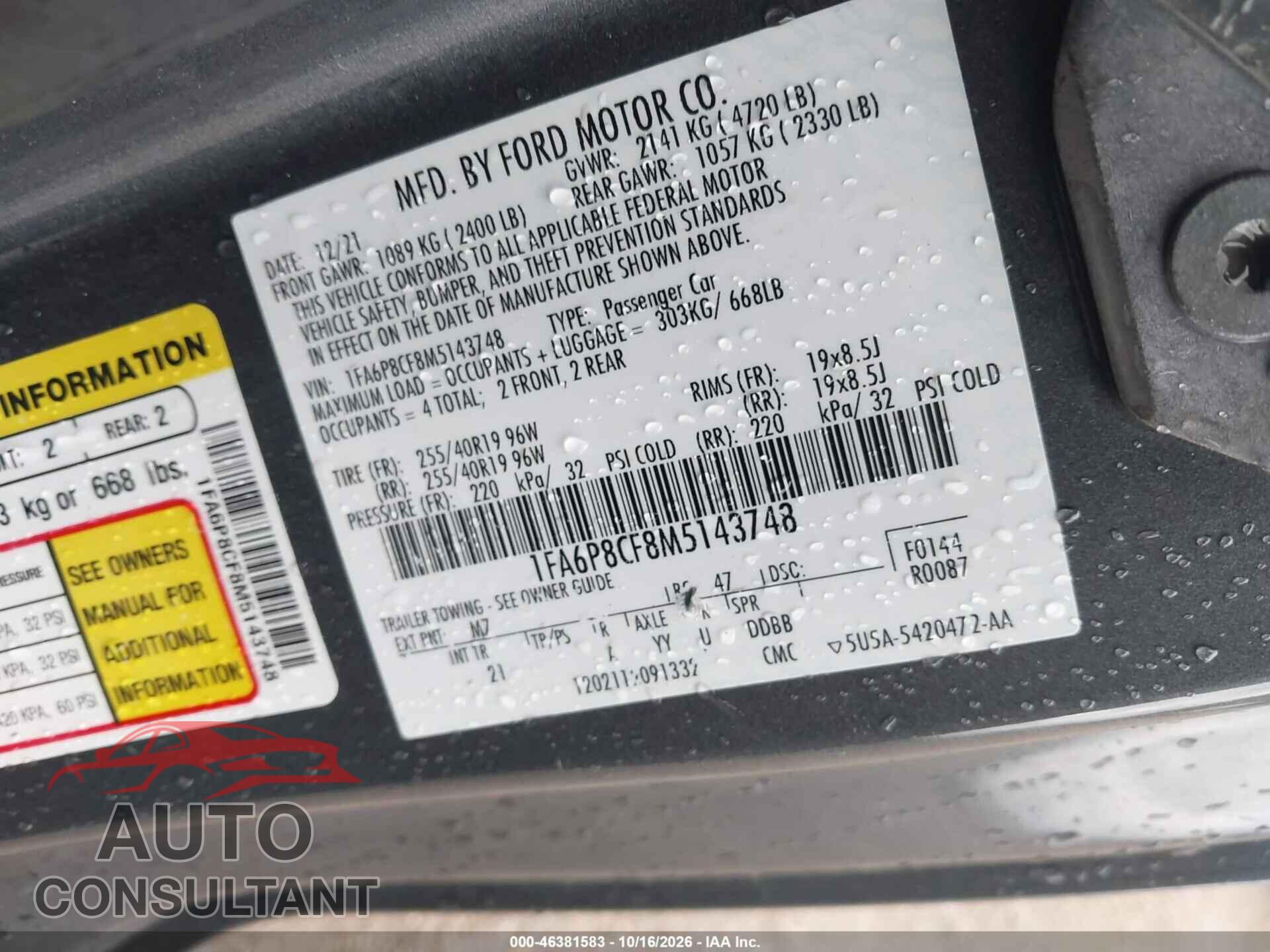 FORD MUSTANG 2021 - 1FA6P8CF8M5143748