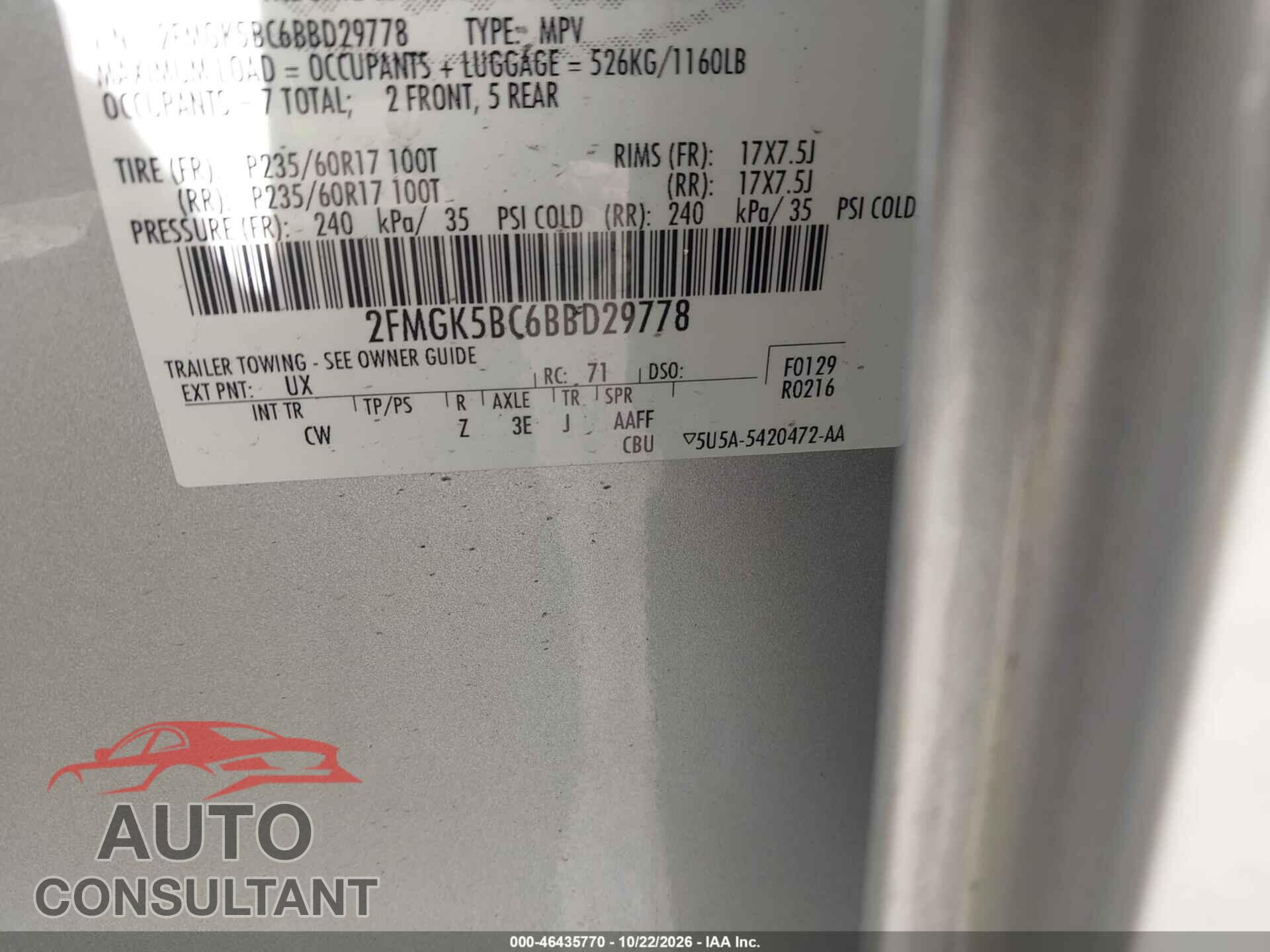 FORD FLEX 2011 - 2FMGK5BC6BBD29778