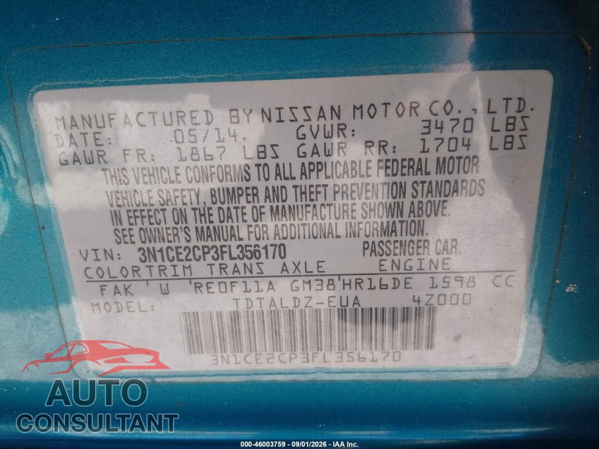 NISSAN VERSA NOTE 2015 - 3N1CE2CP3FL356170
