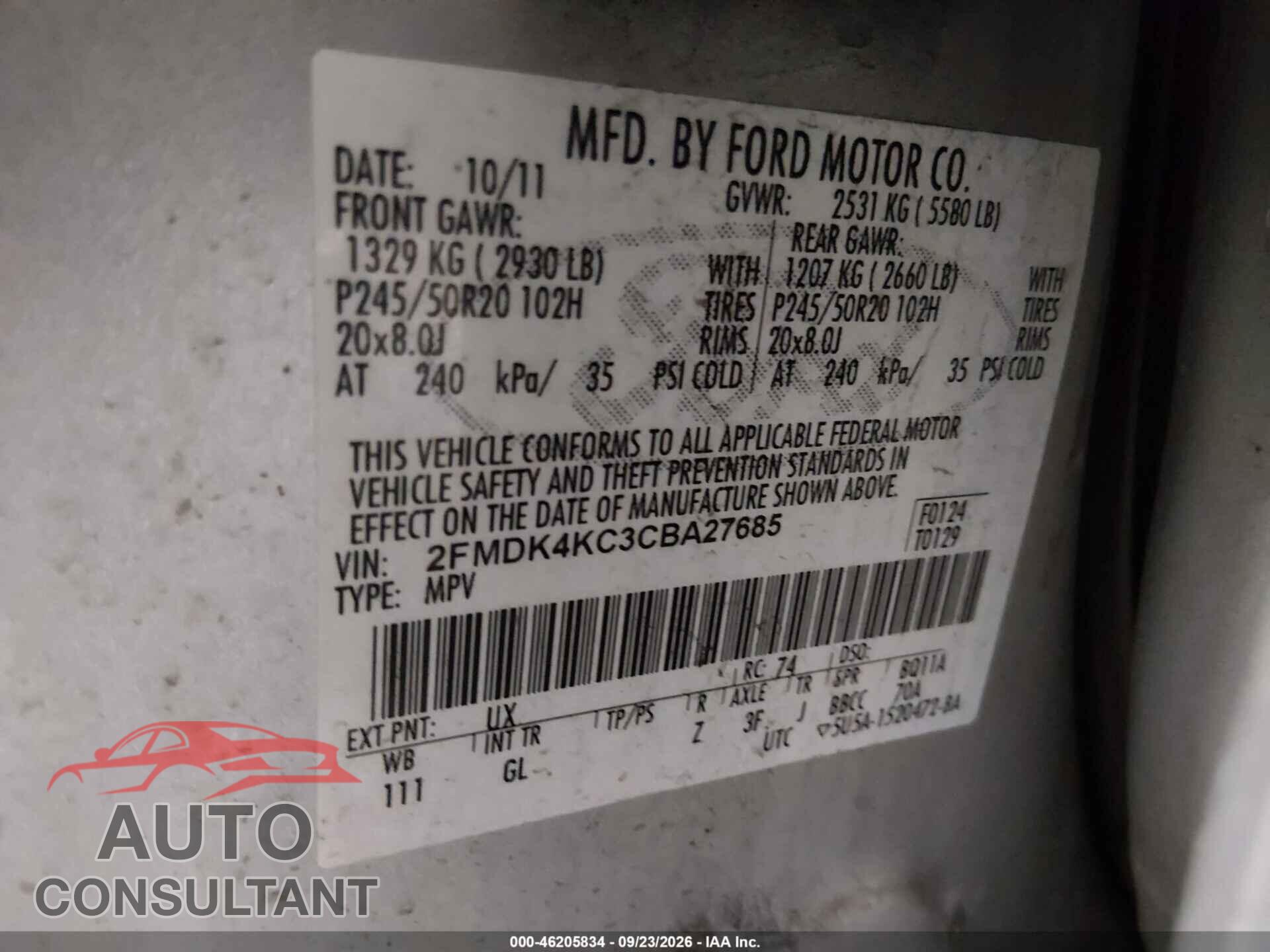 FORD EDGE 2012 - 2FMDK4KC3CBA27685