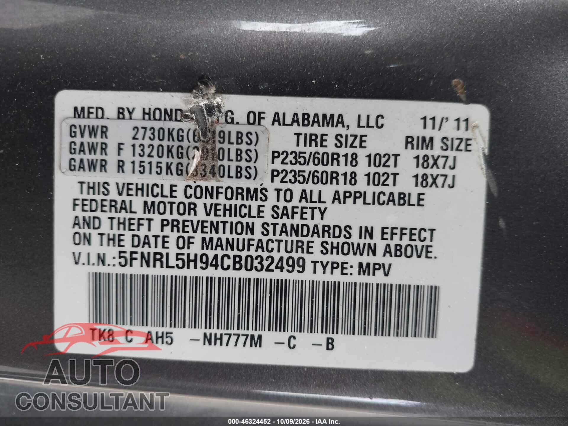 HONDA ODYSSEY 2012 - 5FNRL5H94CB032499