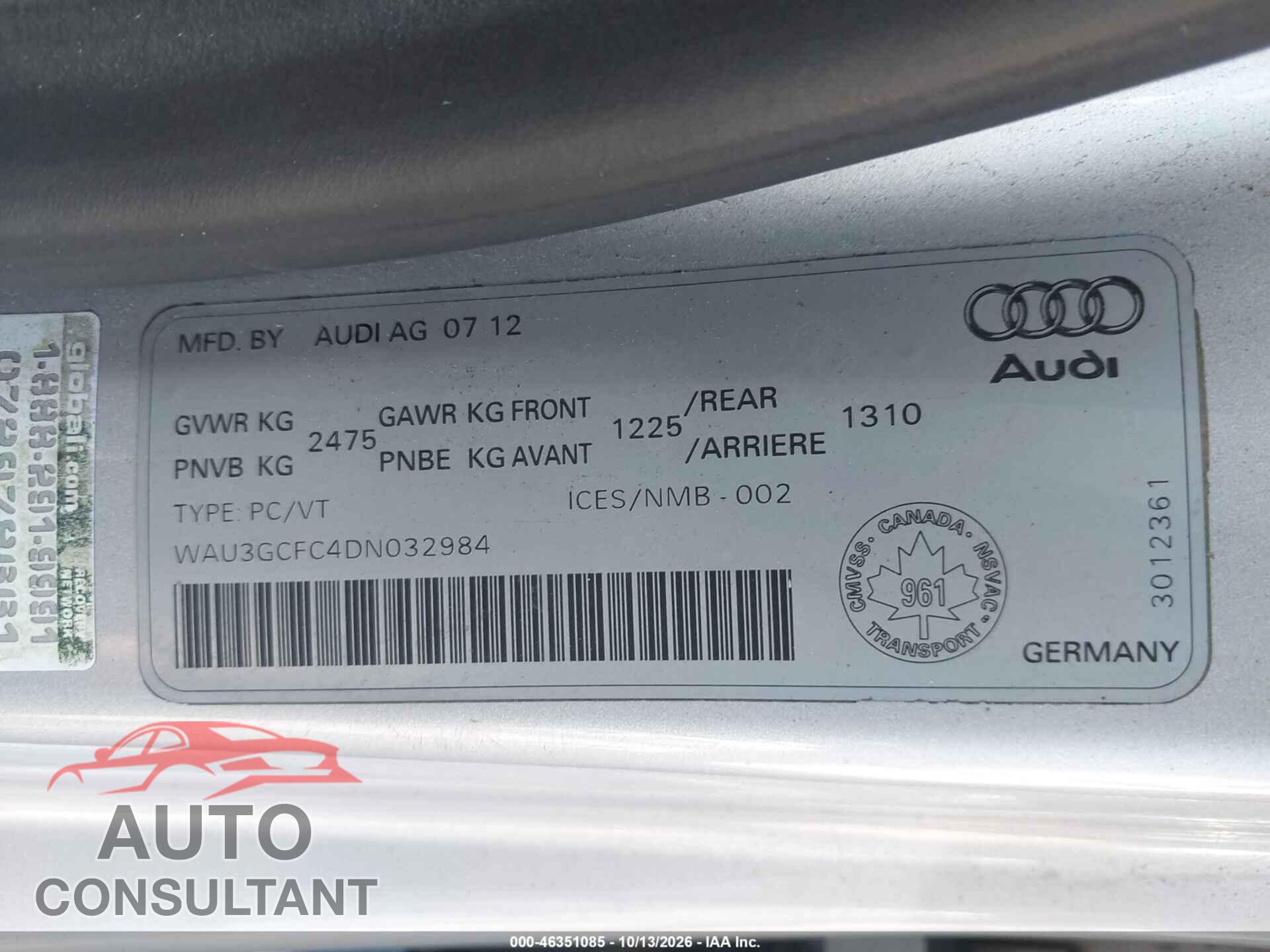 AUDI A7 2013 - WAU3GCFC4DN032984